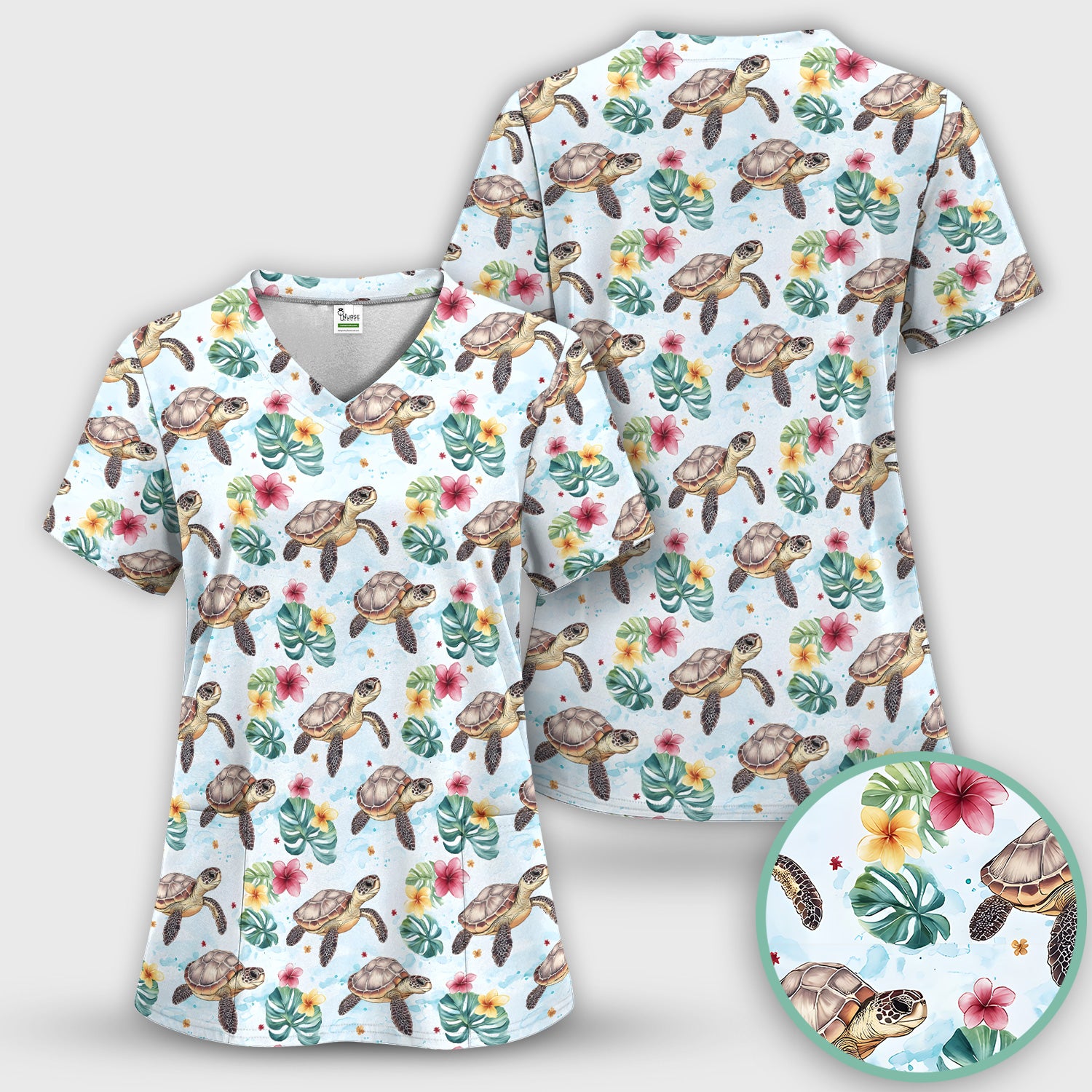 Sea Turtle Tropical Floral Pattern Scrub Top, Comfortable Scrubs for Nurses