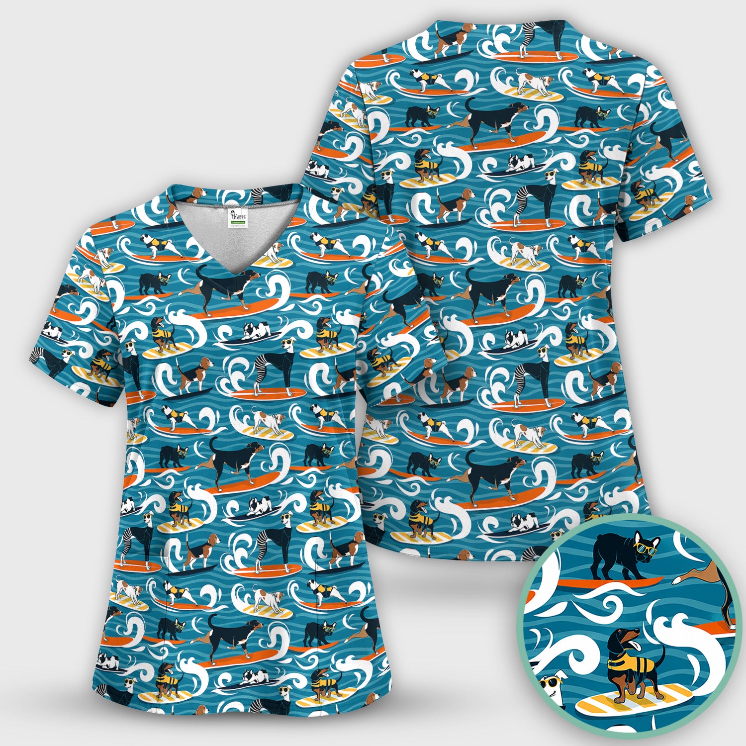 Surfing Dogs Ocean Wave Print Scrub Top, Comfortable Scrubs for Nurses