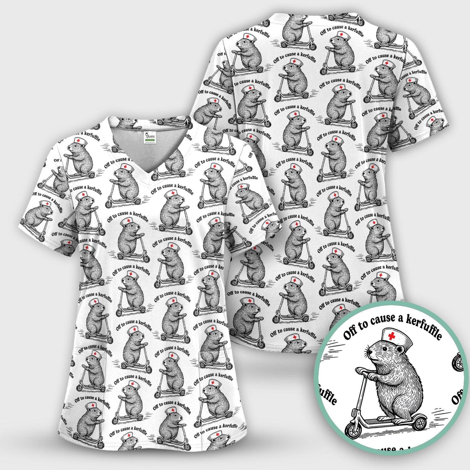 Funny Nurse Mouse Scooter Print Women's Scrub Set, Scrub Pants and V Neck Top