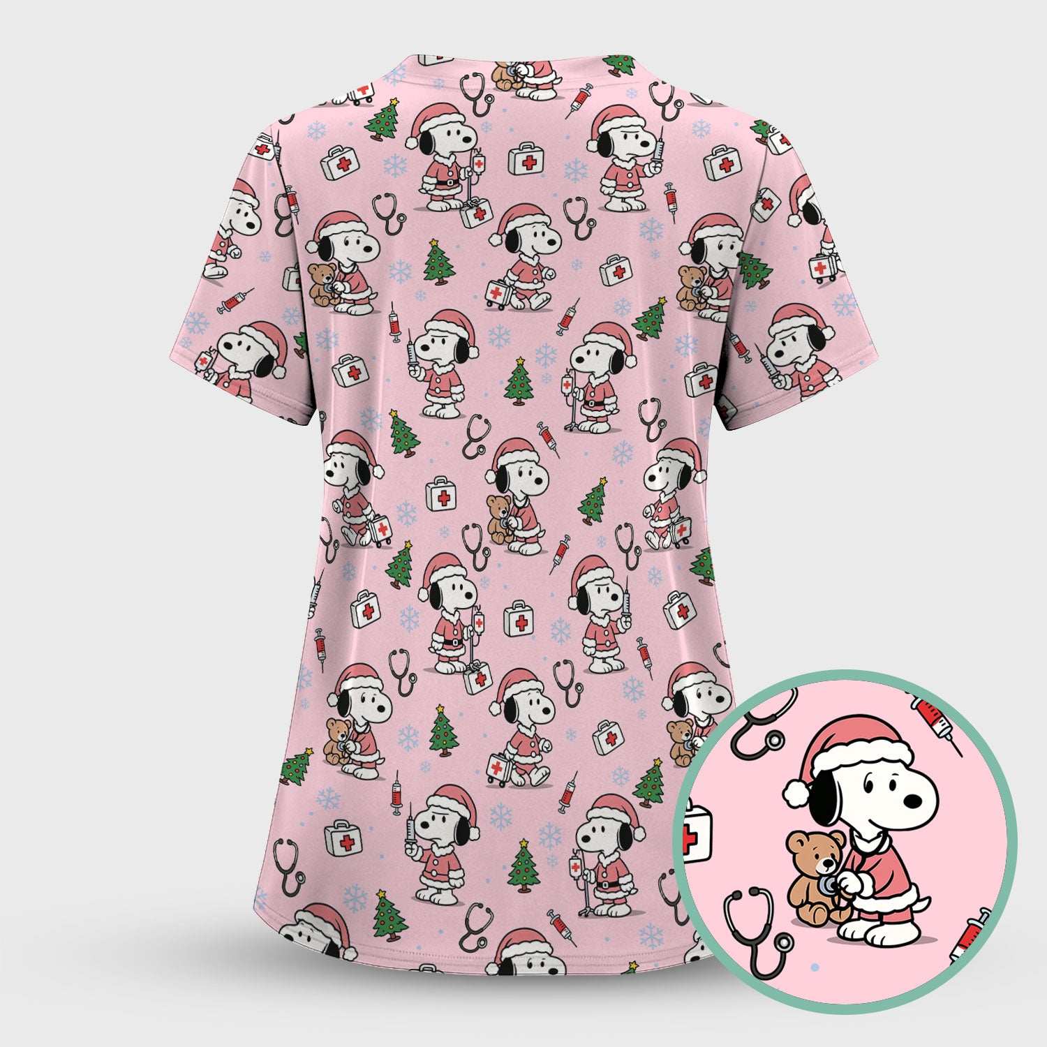Snoopy Christmas Nurse Scrub Top for Women - Cute Cartoon Holiday Medical Uniform with Pockets - Nursing Gift for RN CNA LPN