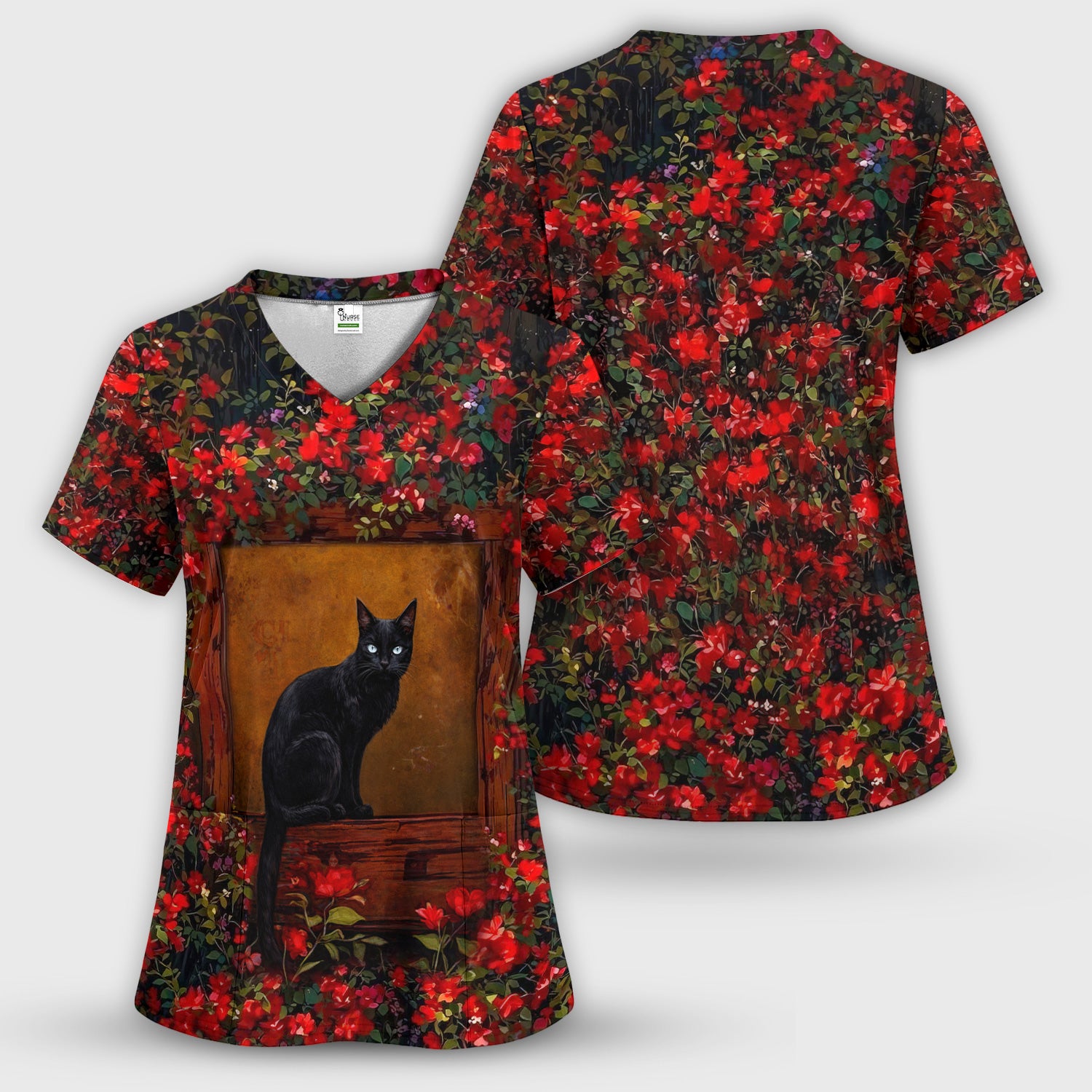 Black Cat Sitting By Red Floral Garden Window Scrub Set, Scrub Pants and V Neck Top
