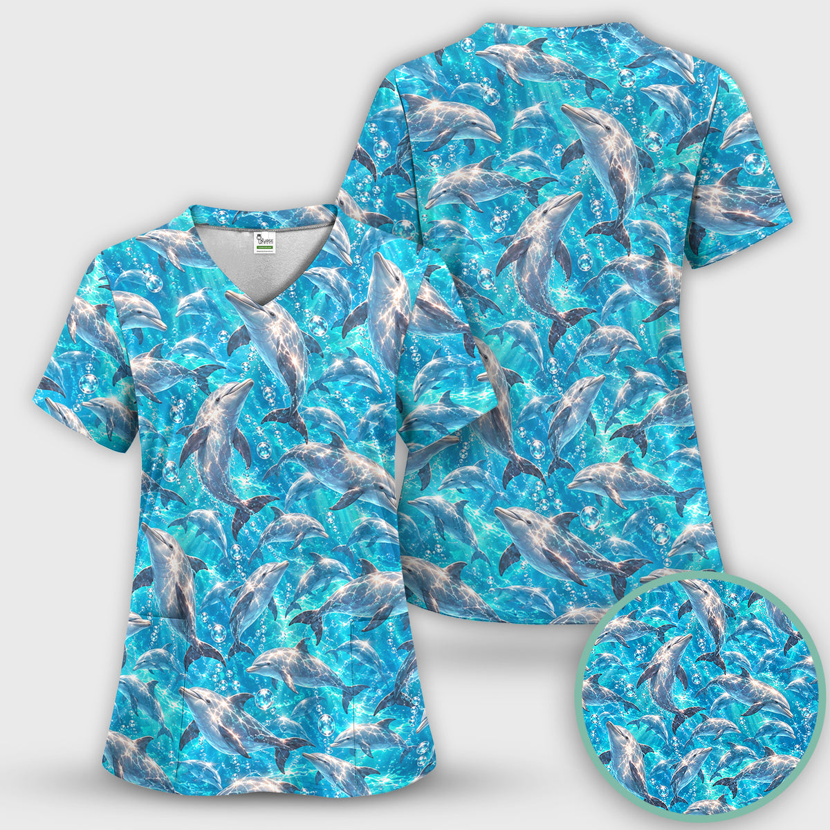 Blue Ocean Dolphin Pattern Scrub Top, Comfortable Scrubs for Nurses