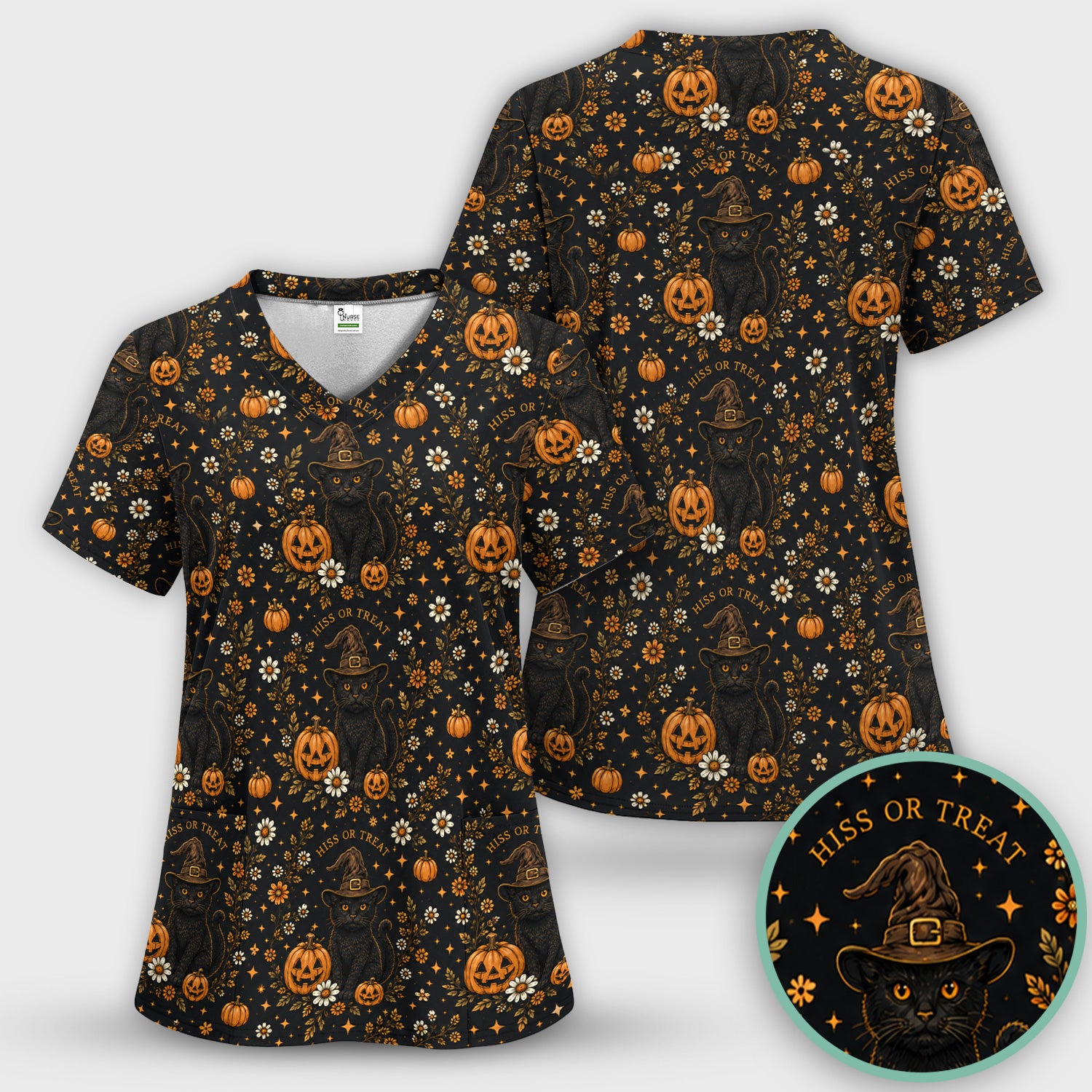 Halloween Black Cat Pumpkin Floral Scrub Top, Comfortable Scrubs for Nurses