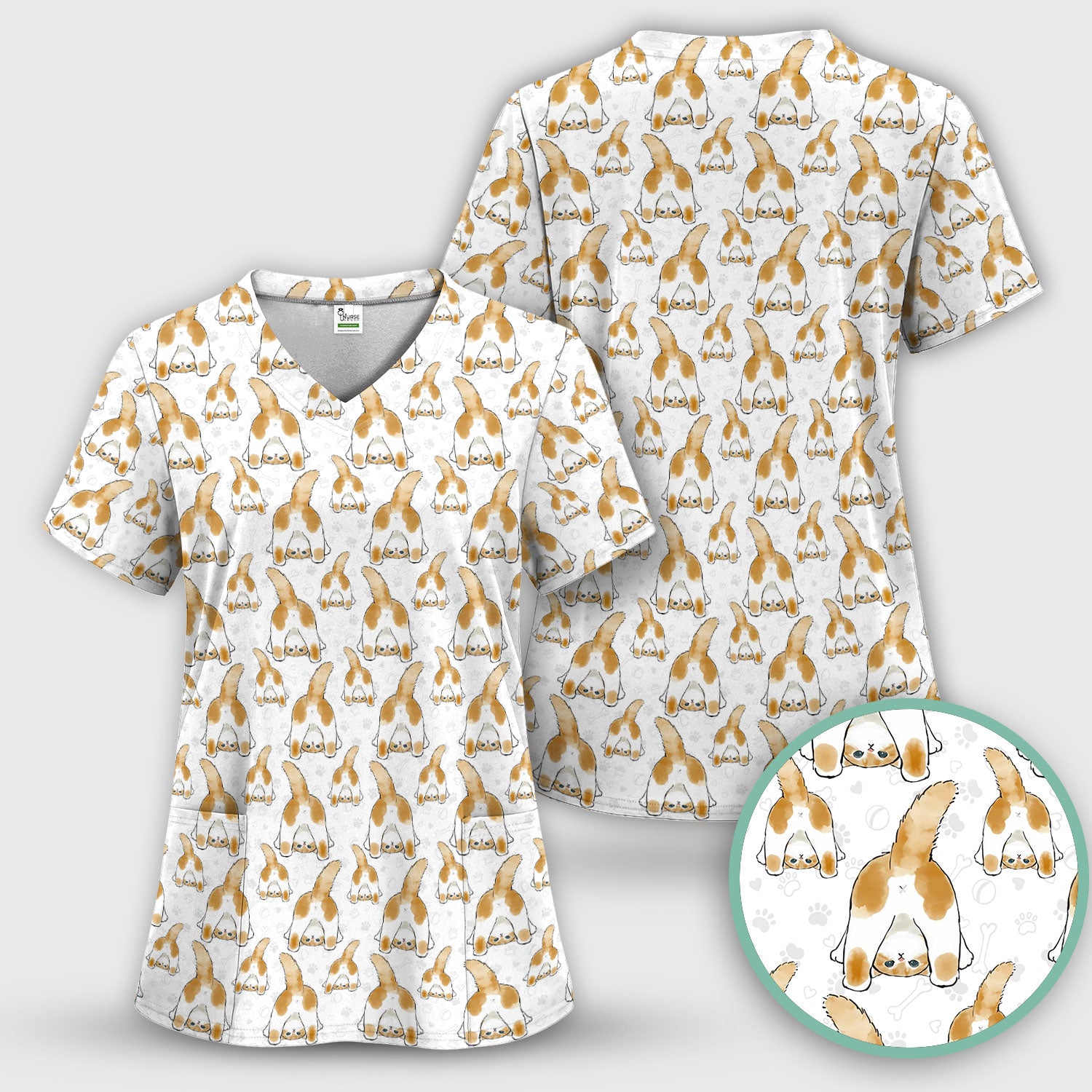 Cute Cat Butt Nurse Scrub Top, Cat Pattern Medical Shirt For Pet Lover, Breathable Fabrics Nursing Uniform