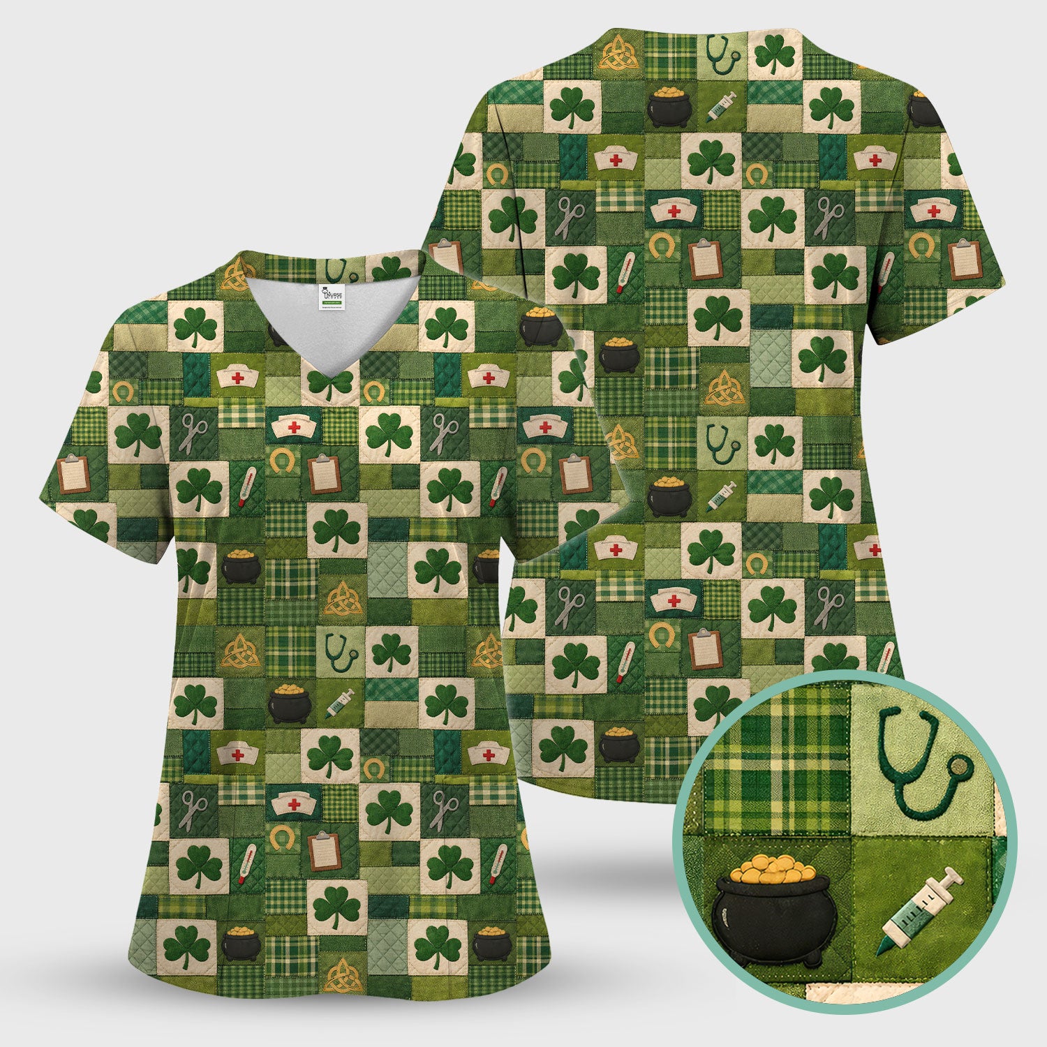 St Patrick Medical Patchwork Shamrock Scrub Top, Comfortable Scrubs for Nurses