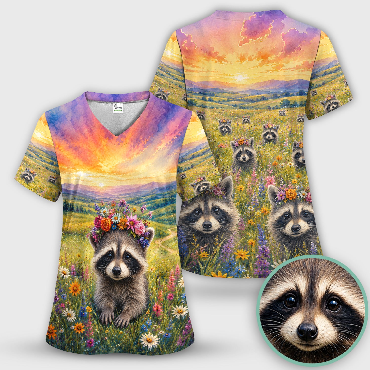 Floral Raccoon Meadow Veterinary Nurse Pattern Scrub Top, Comfortable Scrubs for Nurses