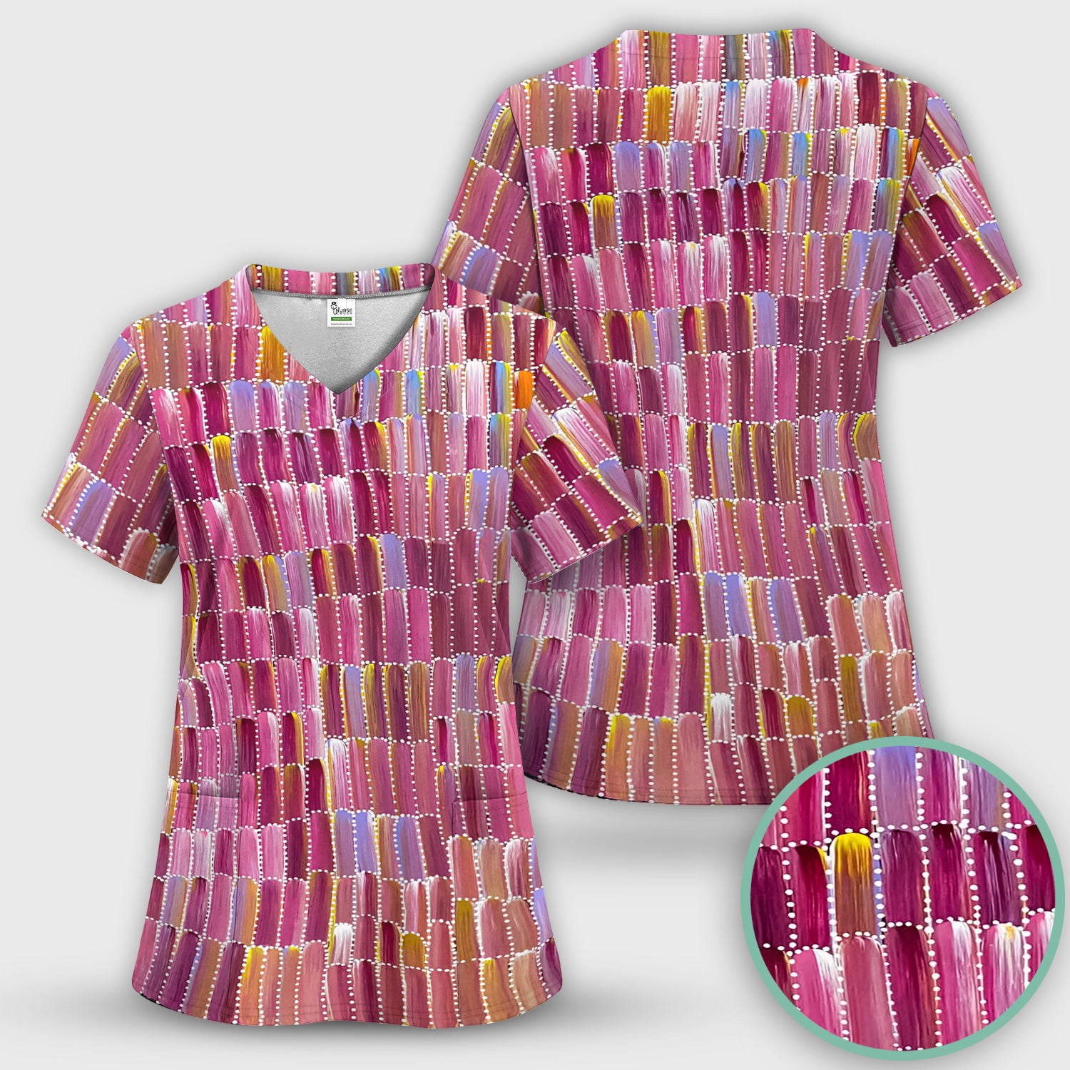 Colorful Abstract Brushstroke Dotted Pattern Scrub Set, Scrub Pants and V Neck Top