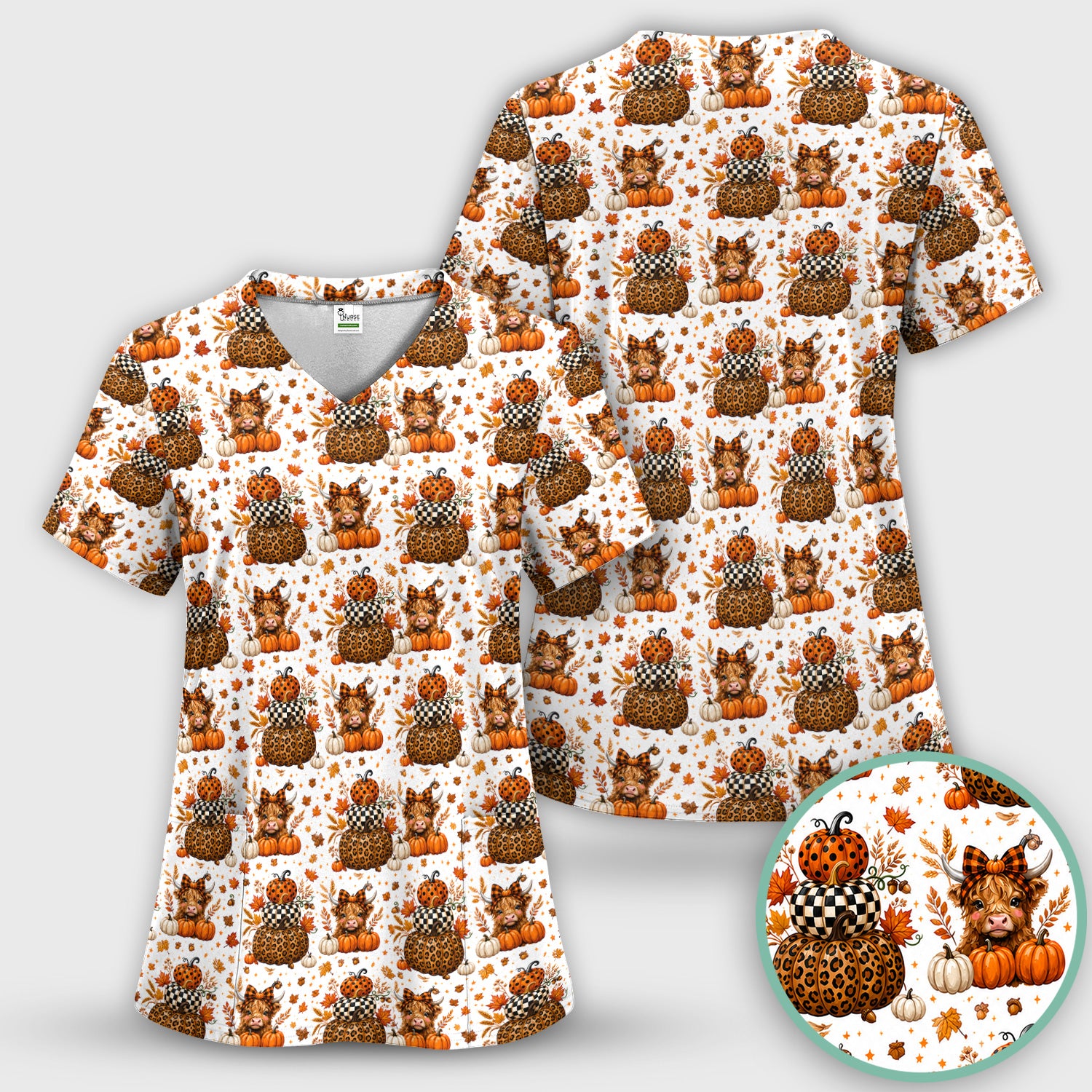 Fall Highland Cow Pattern Scrub Set, Scrub Pants and V Neck Top