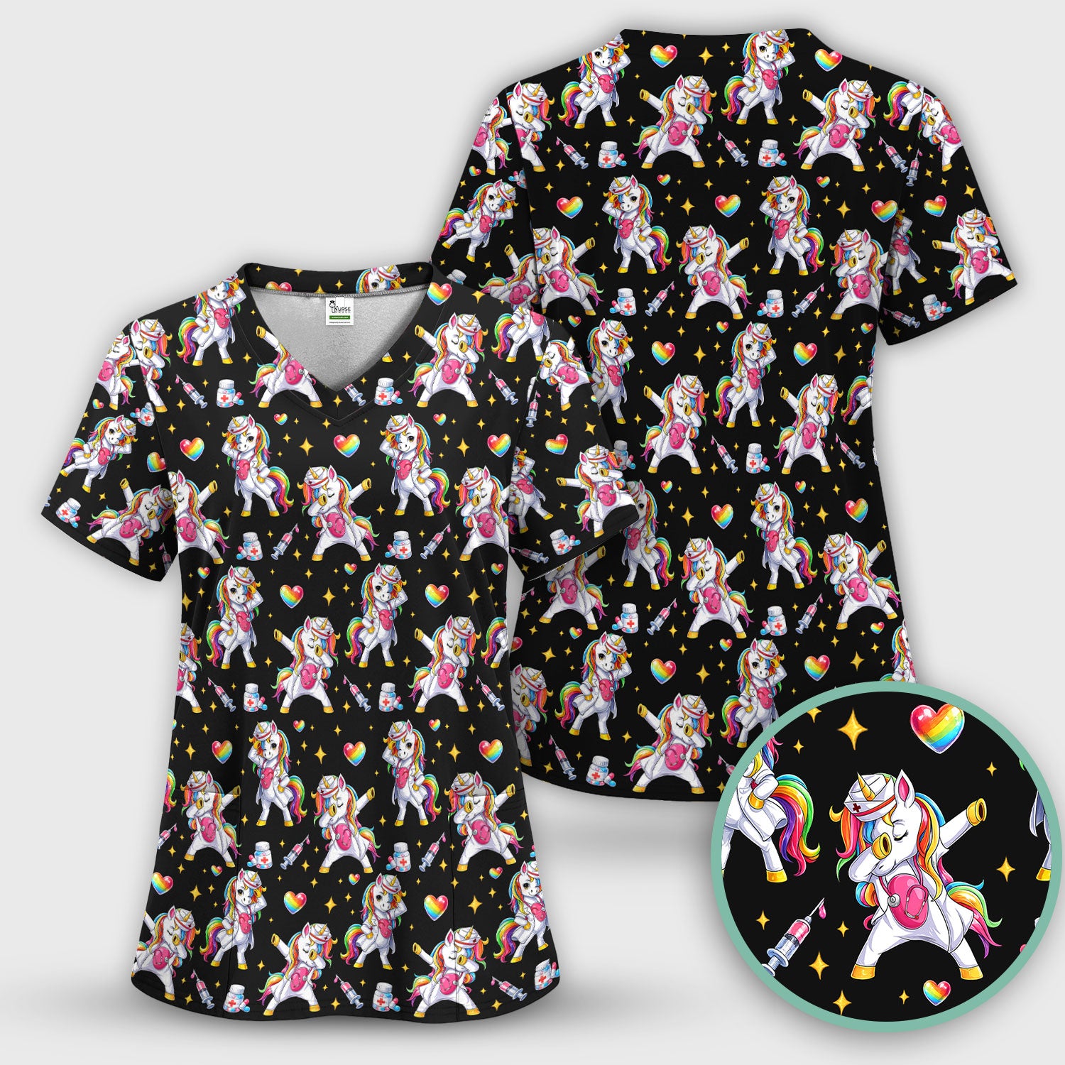 Playful Nurse Unicorn Rainbow Pattern Scrub Top, Comfortable Scrubs for Nurses