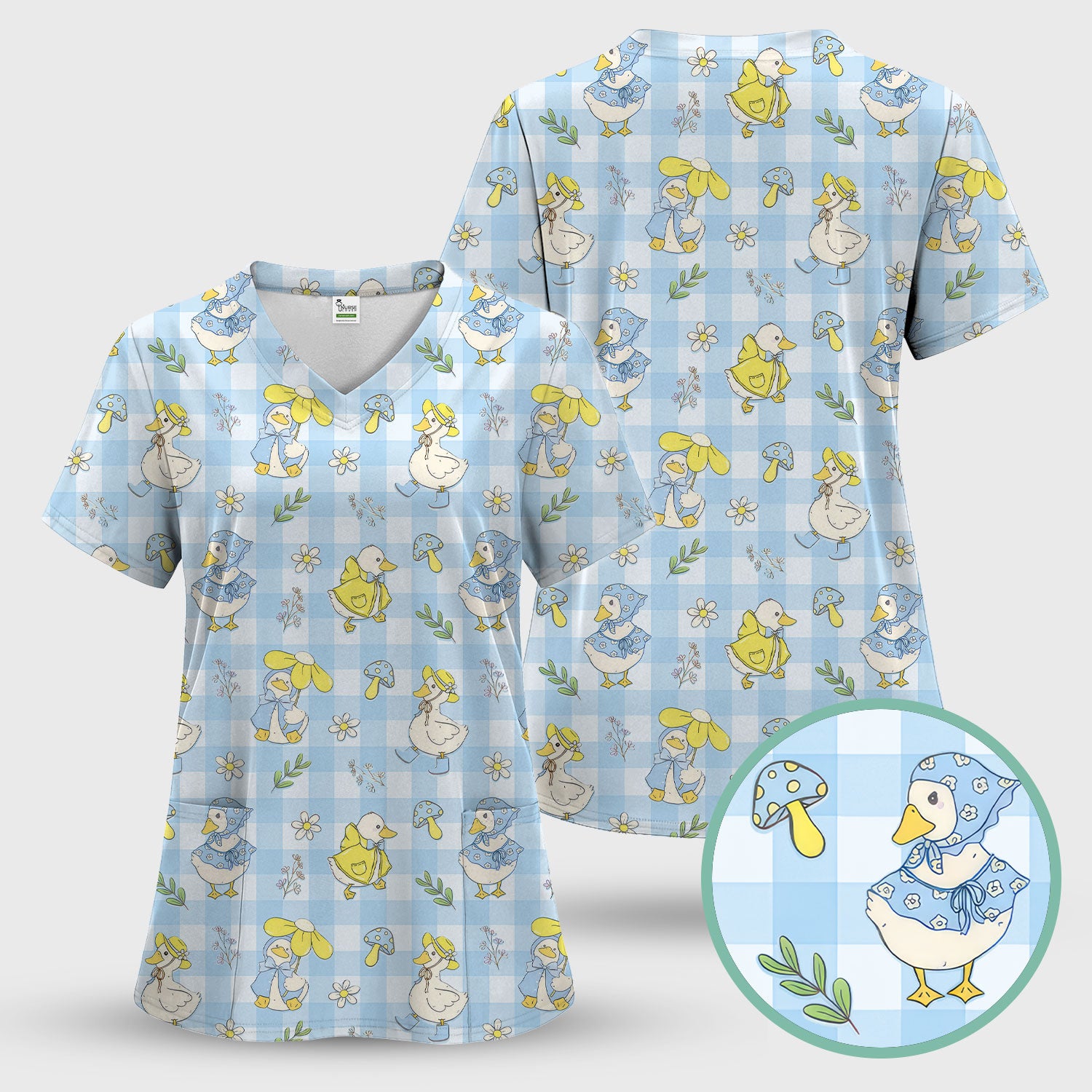 Cute Duck Outfit Gingham Pattern Scrub Top, Comfortable Scrubs for Nurses