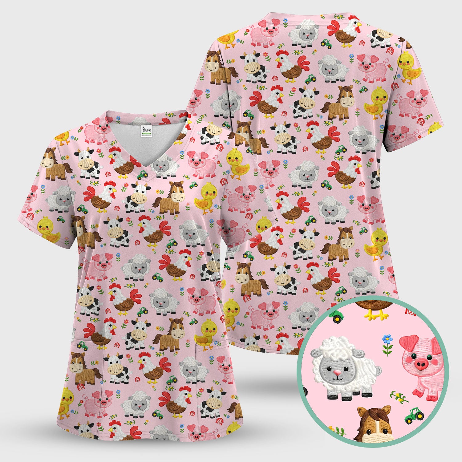 Cartoon Farm Animal Pattern Scrub Top, Breathable Fabrics Nursing Uniform