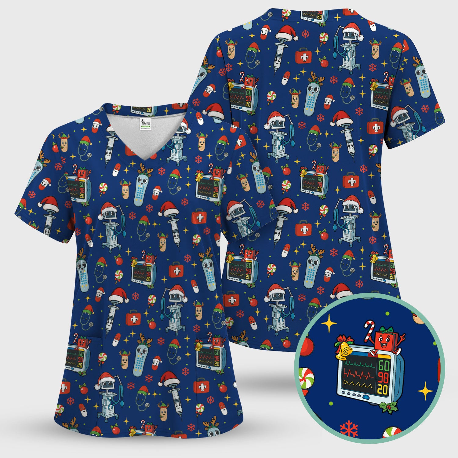 Christmas Nurse Scrub Set - Funny Robot and Reindeer Pattern Medical Scrubs - Cute Holiday Matching Set for Women Nurses