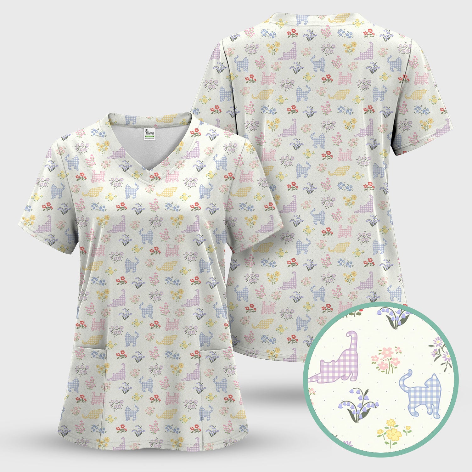 Pastel Cat Floral Nurse Scrub Top, Cute Cat Medical Pattern Shirt, Breathable Fabrics Nursing Uniform