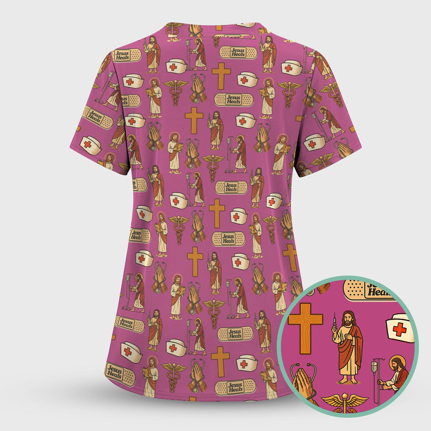 Funny Jesus Nurse Scrub - Jesus with Syringe & Praying Hands Graphic Design - Gift for Women RN LPN & Healthcare Workers