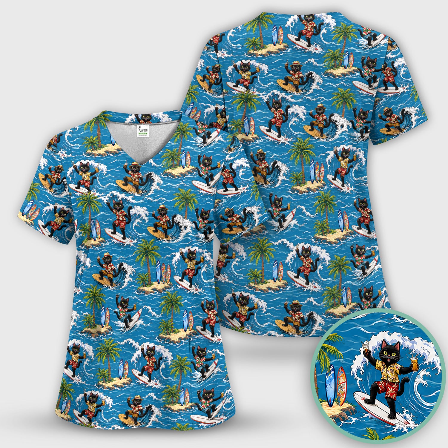 Tropical Black Cat Surfer Island Pattern Scrub Top, Comfortable Scrubs for Nurses