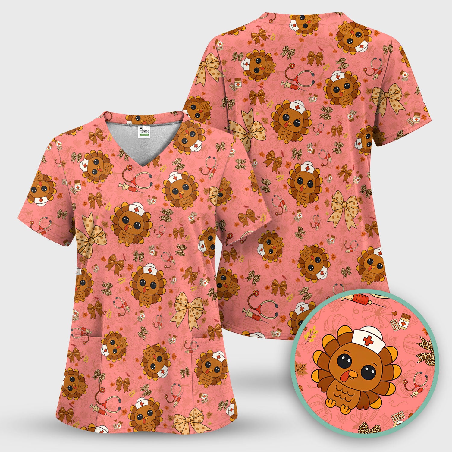Thanksgiving Turkey Nurse Scrub Top for Women - Cute Fall Leaves and Bow Shirt - Autumn Medical Shirt Gift for RN CNA LPN Doctor