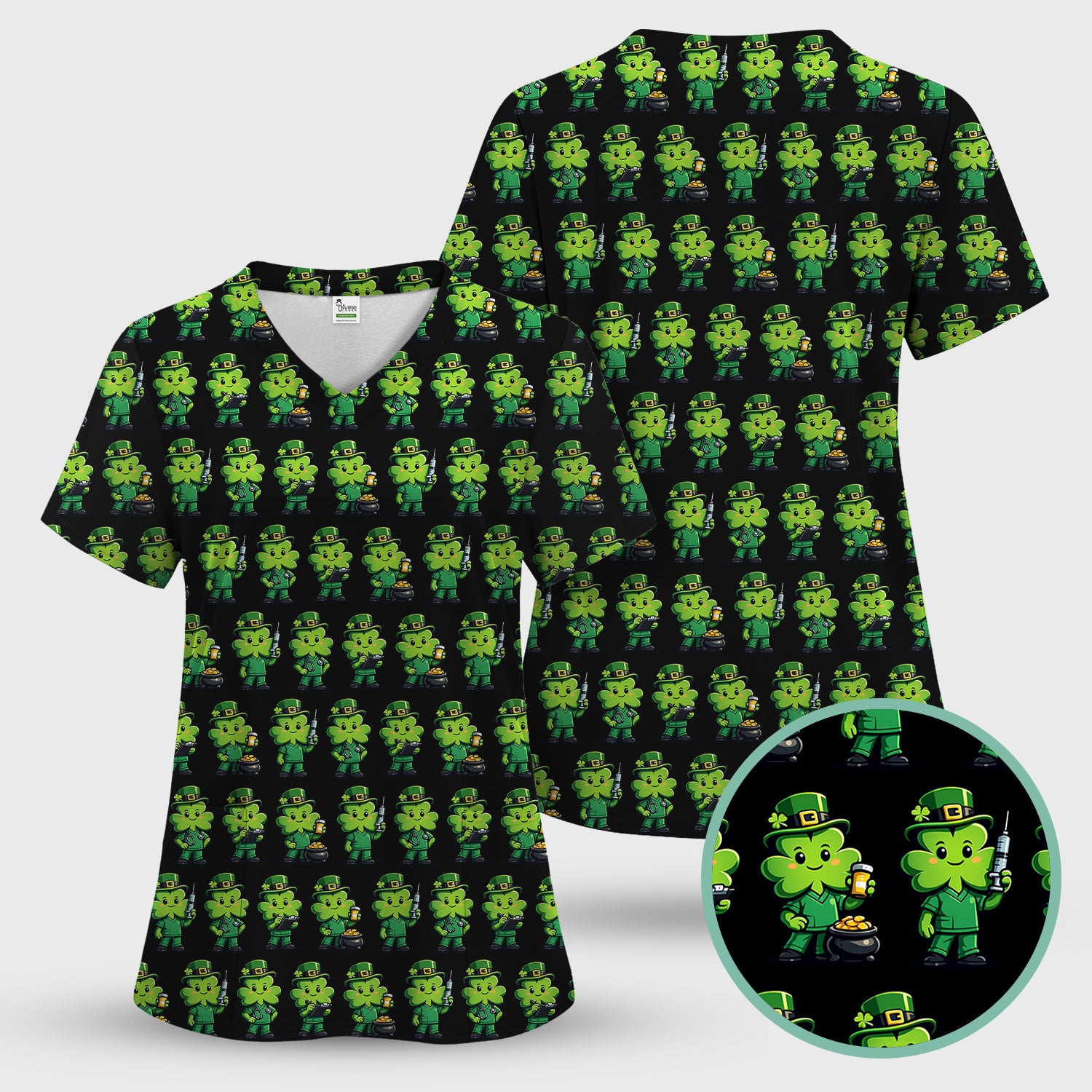 St Patrick Leprechaun Nurse Print Women's Scrub Set, Scrub Pants and V Neck Top