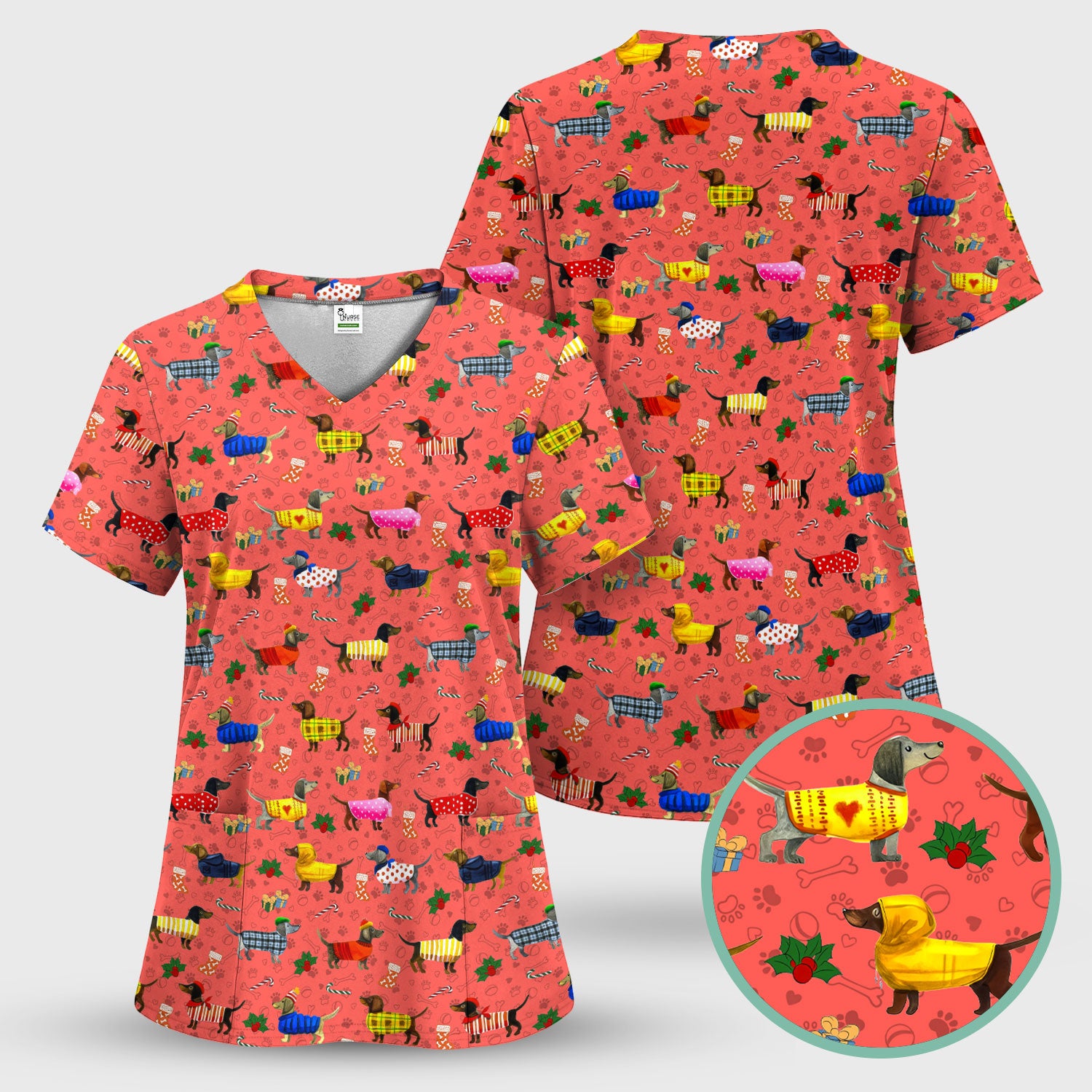 Dachshund Women Scrub Top - Funny Wiener Dog Paw Prints Nurse Uniform - Pet Lover Shirt for Nurses Doctors - Christmas Gift for Her