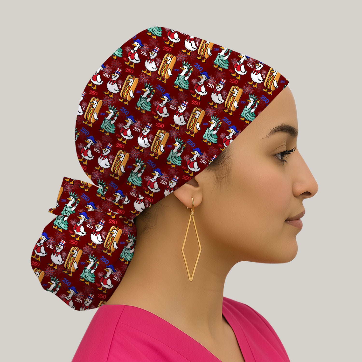 Patriotic Duck Independence Day Pattern Print Cap, Bouffant Scrub Caps for Women