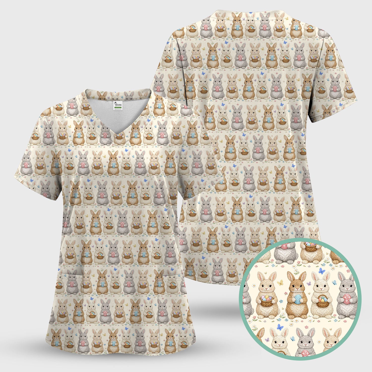 Easter Bunny Basket Pastel Print Scrubs Nurses, Breathable Fabrics Nursing Uniform
