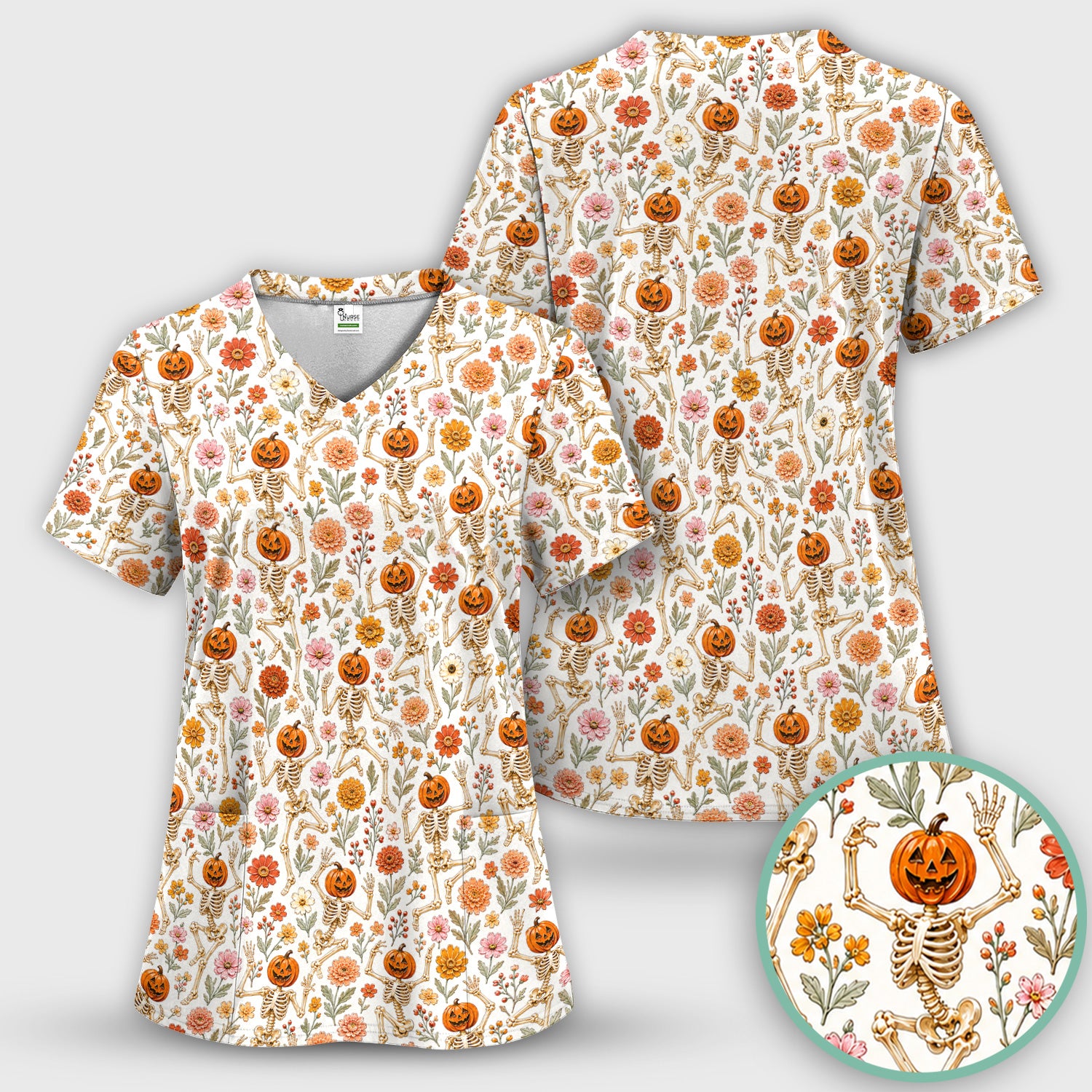 Halloween Pumpkin Skeleton Floral Scrub Top, Comfortable Scrubs for Nurses