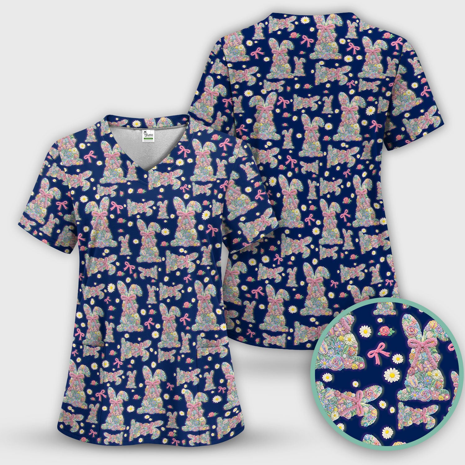 Colorful Floral Bunny with Pink Bow Pattern Scrub Top, Breathable Fabrics Nursing Uniform, Easter