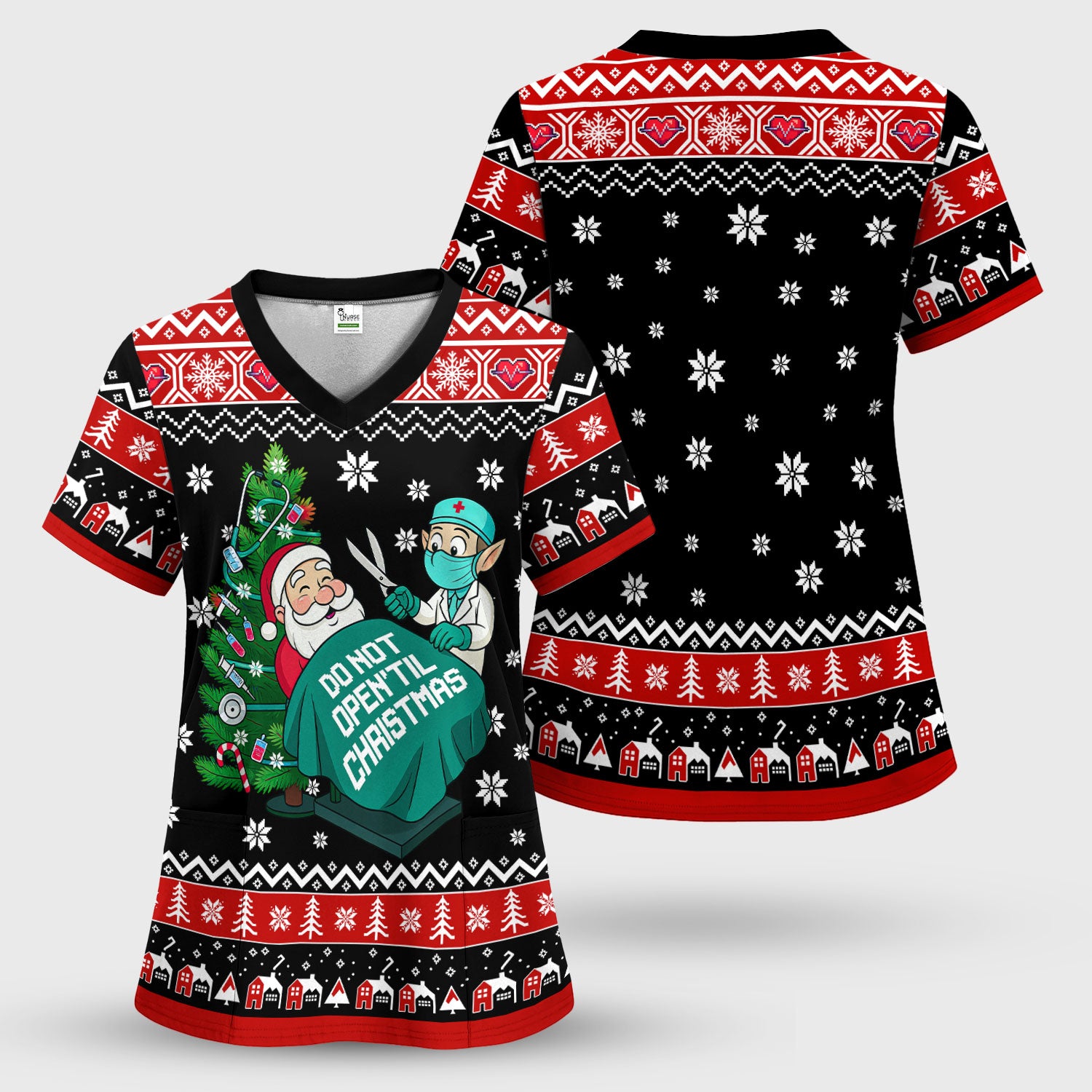 Funny Scrub Top for Women - Do Not Open Til Christmas Santa and Elf - Holiday Medical Uniform Gift for RN LPN CNA