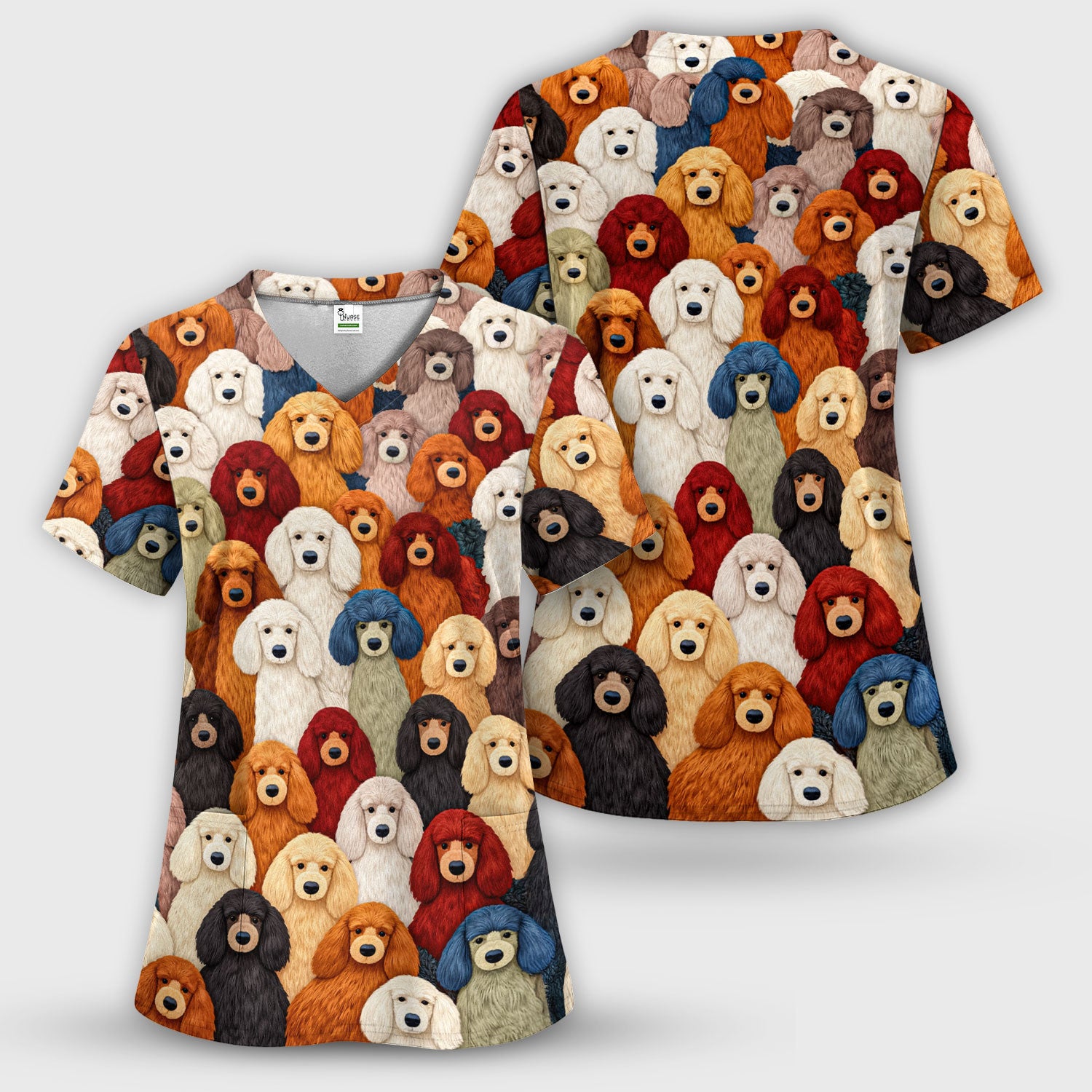 Multicolor Poodle Dog Pattern Scrub Top, Breathable Fabrics Nursing Uniform
