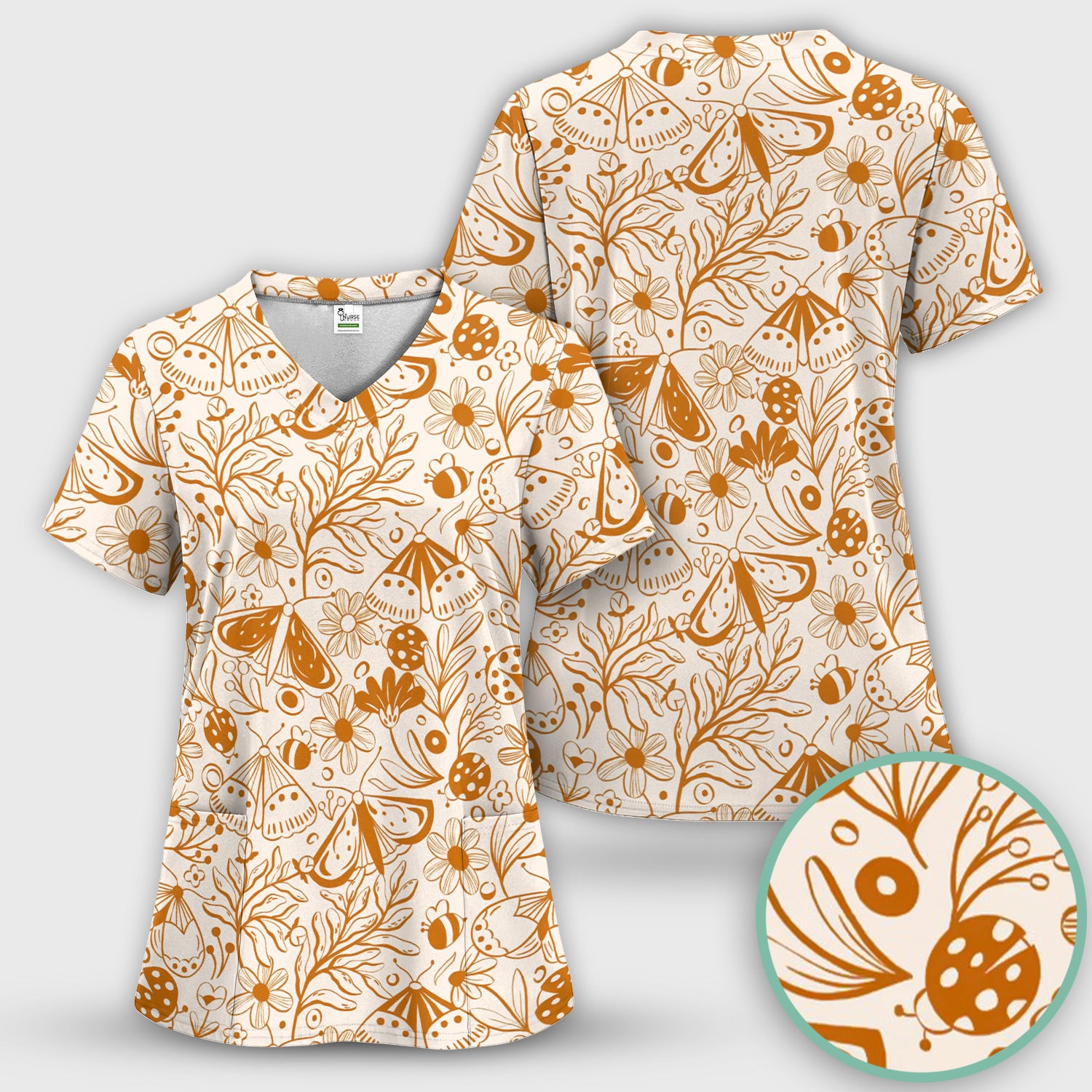 Butterfly Ladybug Floral Garden Pattern Scrub Top, Comfortable Scrubs for Nurses