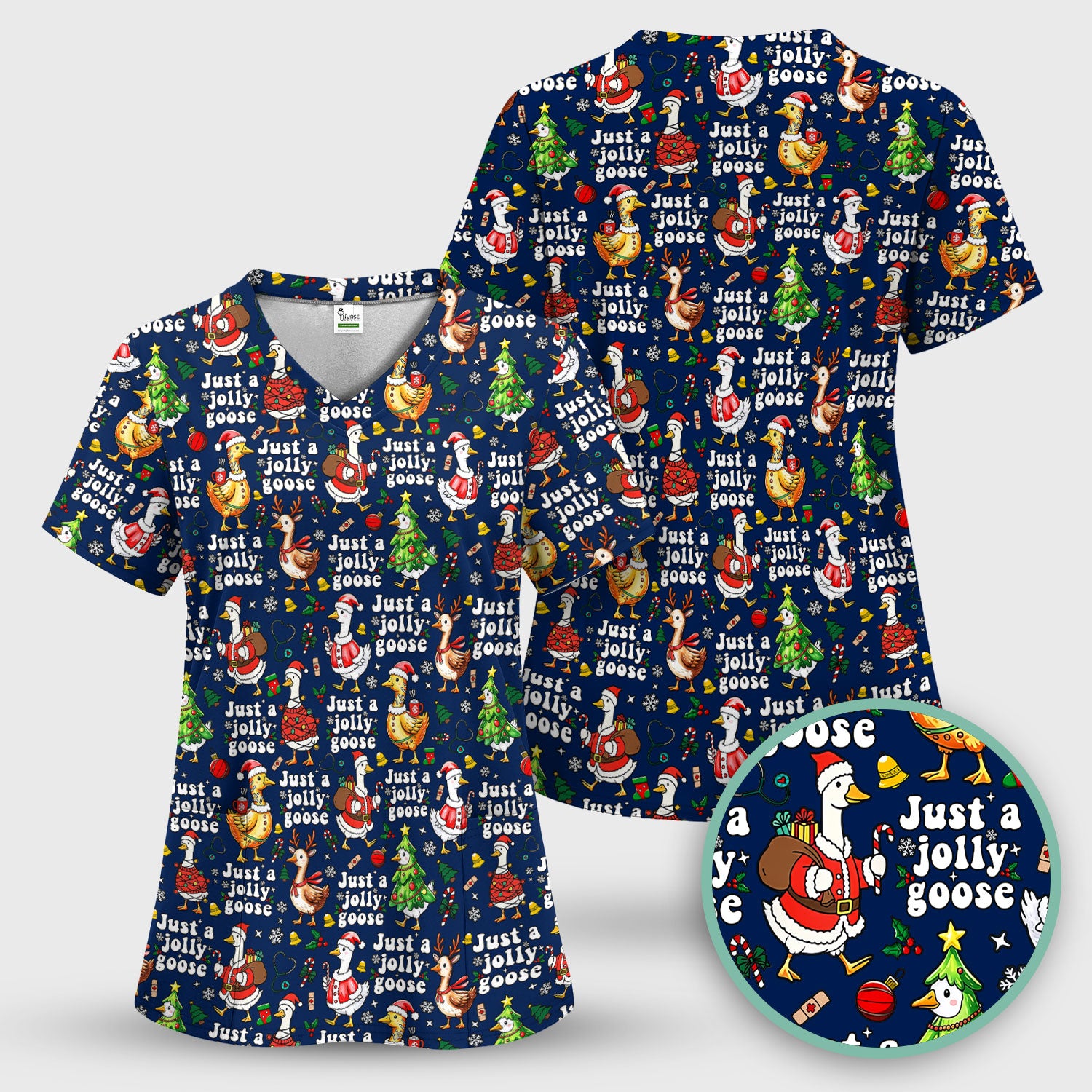 Just a Jolly Goose Funny Christmas Scrub Top - Holiday Medical Uniform for Nurse - Santa Goose Shirt Gift for Women