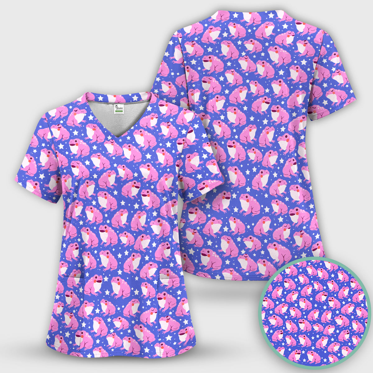 Cute Pink Frogs with Stars Pattern Scrub Top, Comfortable Scrubs for Nurses