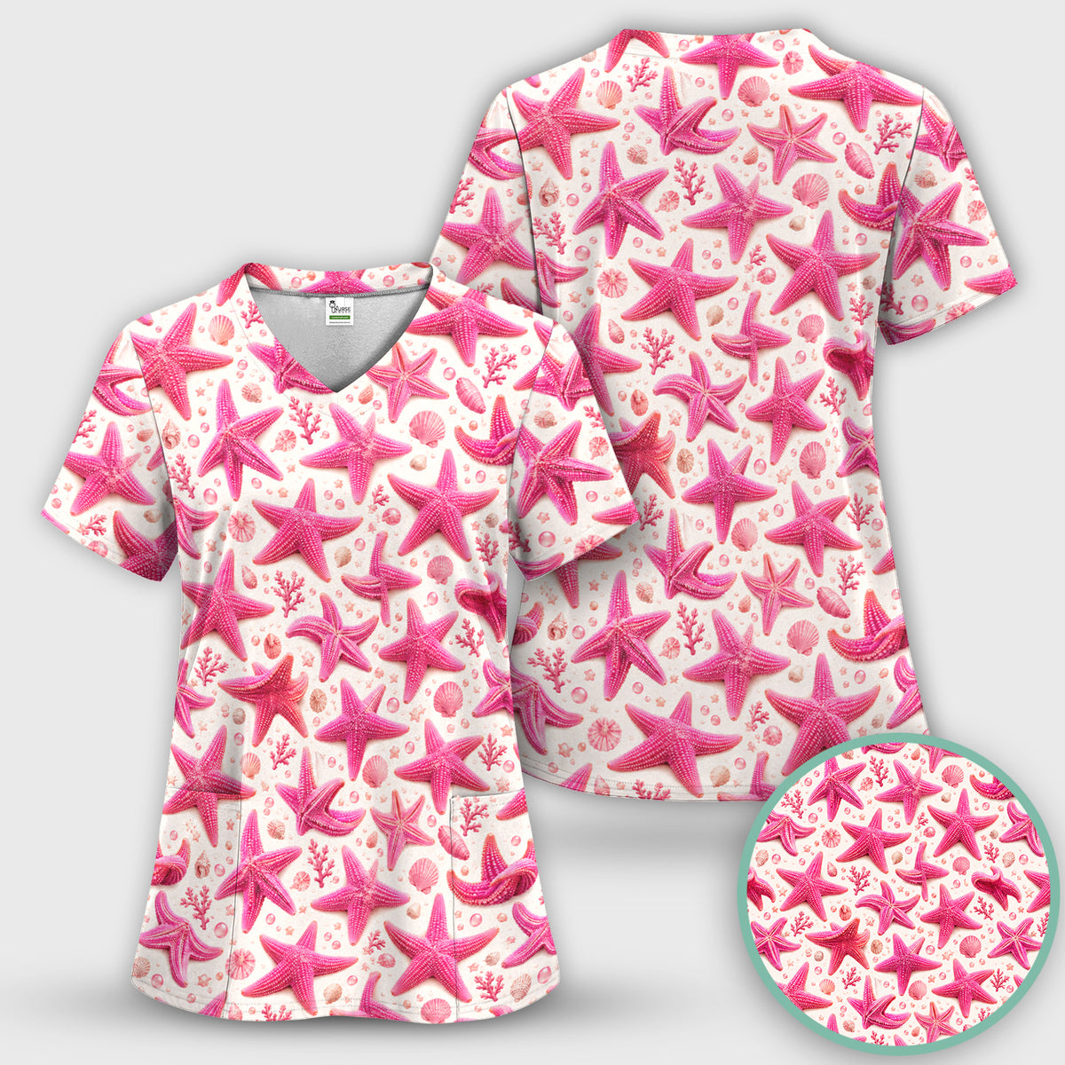 Pink Starfish And Seashell Pattern Scrub Top, Comfortable Scrubs for Nurses