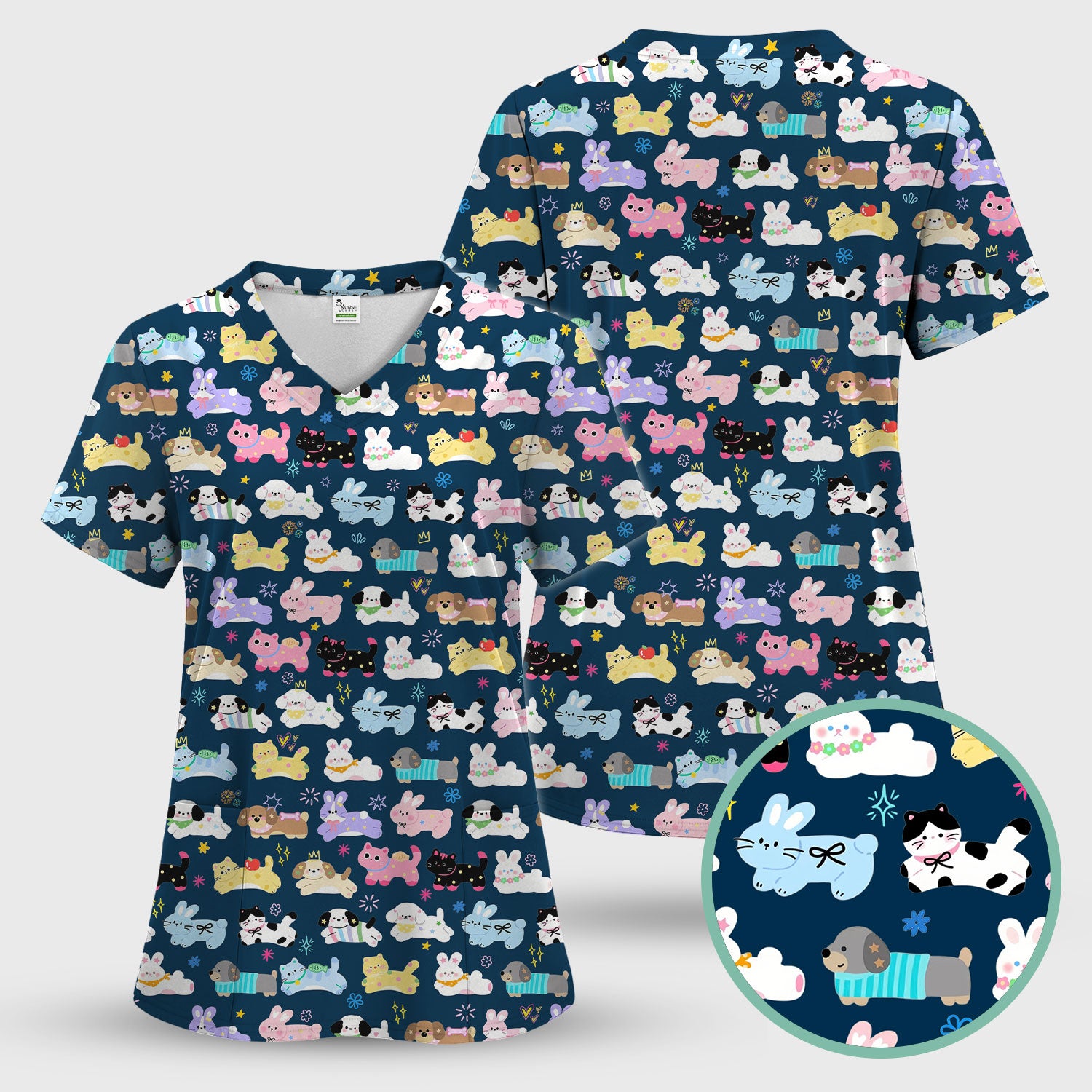 Cute Kawaii Animal Pattern Scrub Set, Scrub Pants and V Neck Top
