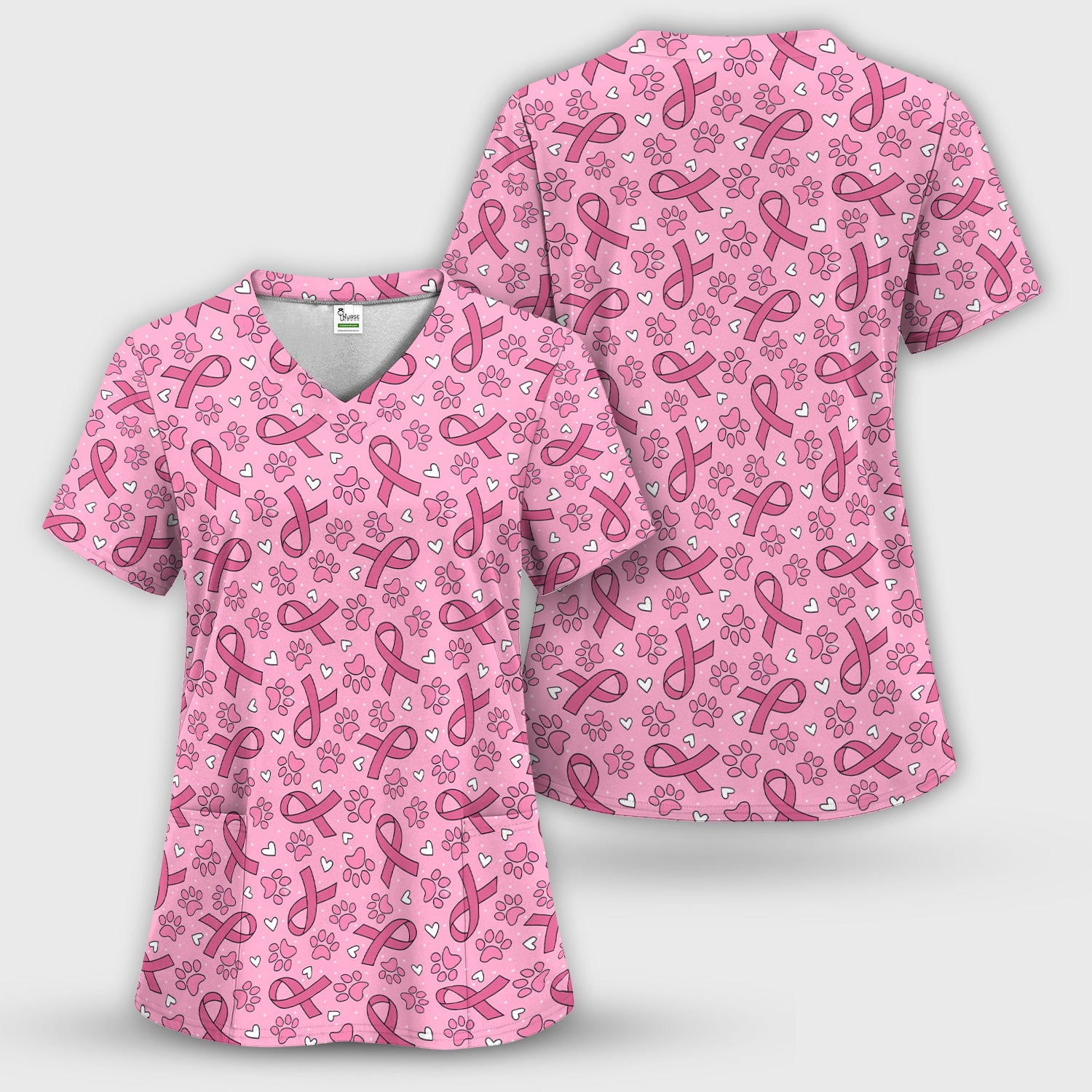 Pink Ribbon Paw Print Scrub Top, Comfortable Scrubs for Nurses