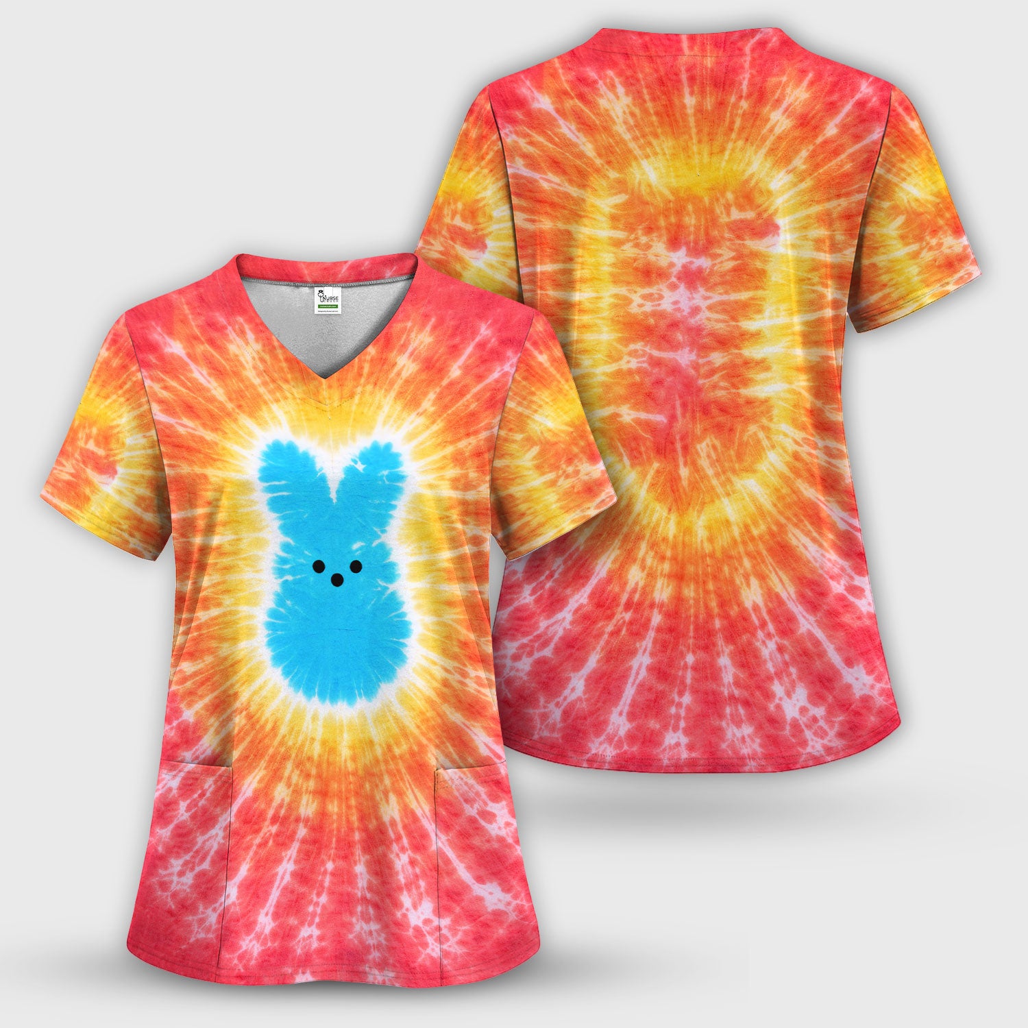 Easter Peep Tie Dye Scrub Top, Easter Bunny Nurse Shirt For Women, Breathable Fabrics Nursing Uniform
