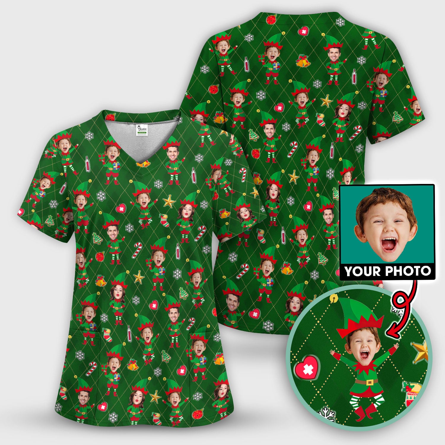 Personalized Face Nurse Shirt, Custom Photo Christmas Scrub Top, Funny Holiday Medical Uniform For Nursing
