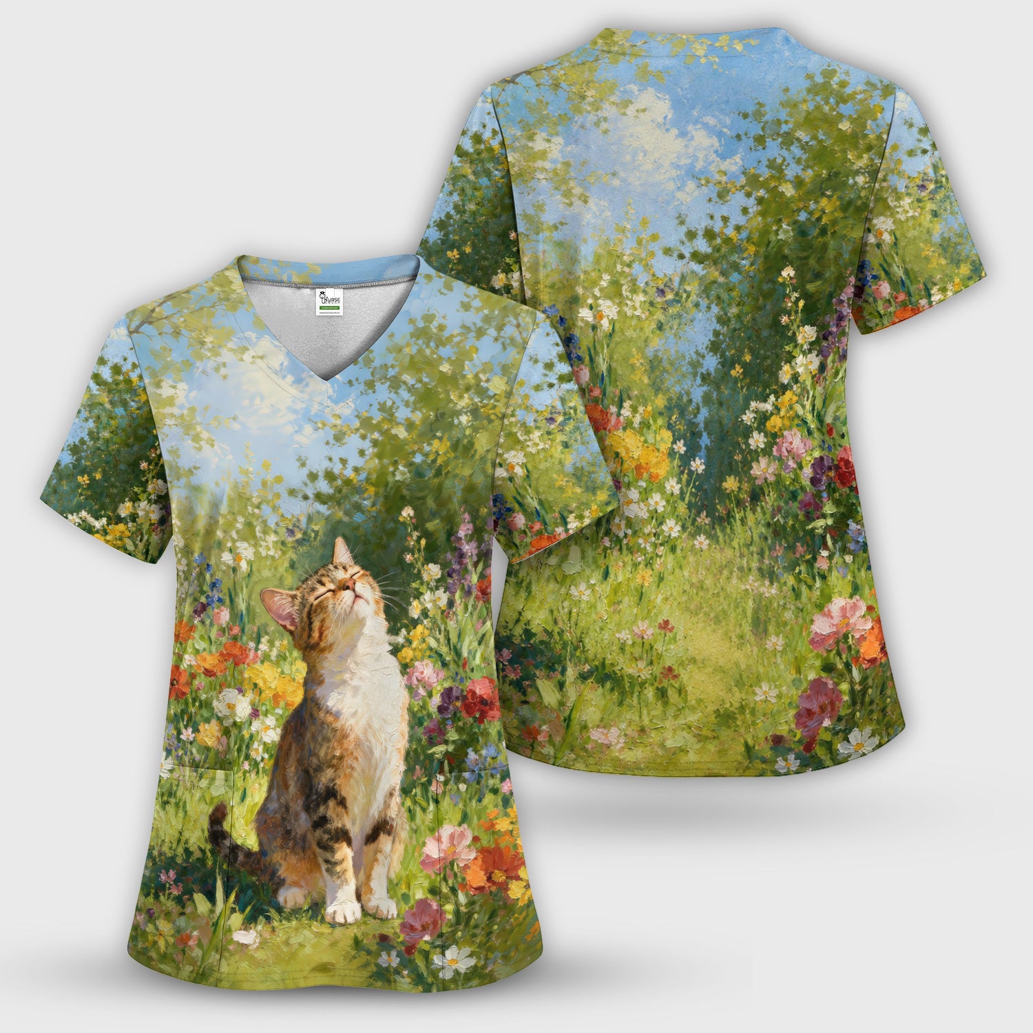 Whimsical Garden Cat Blossom Pattern Scrub Top, Comfortable Scrubs for Nurses