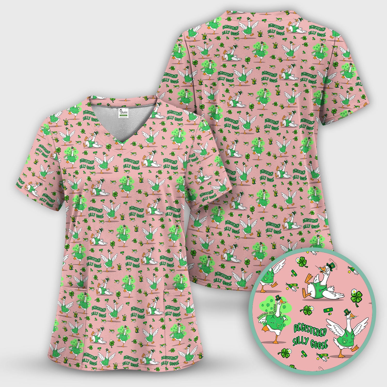 Silly Goose St. Patrick’s Day Scrub Top, Funny Goose Shamrock Pattern Nurse Scrub Shirt, Irish Green Nursing Uniform