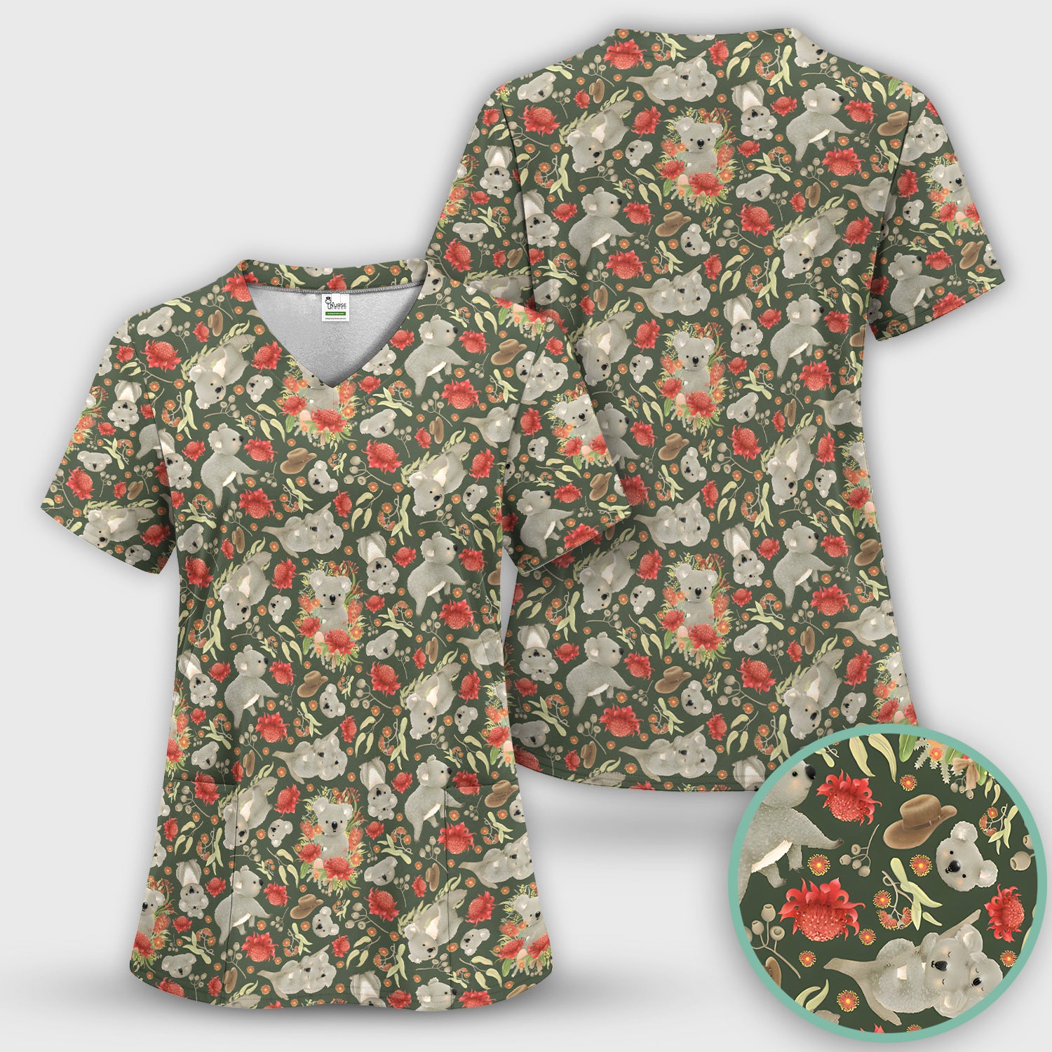 Cute Koala Wildflower Pattern Scrub Set, Scrub Pants and V Neck Top