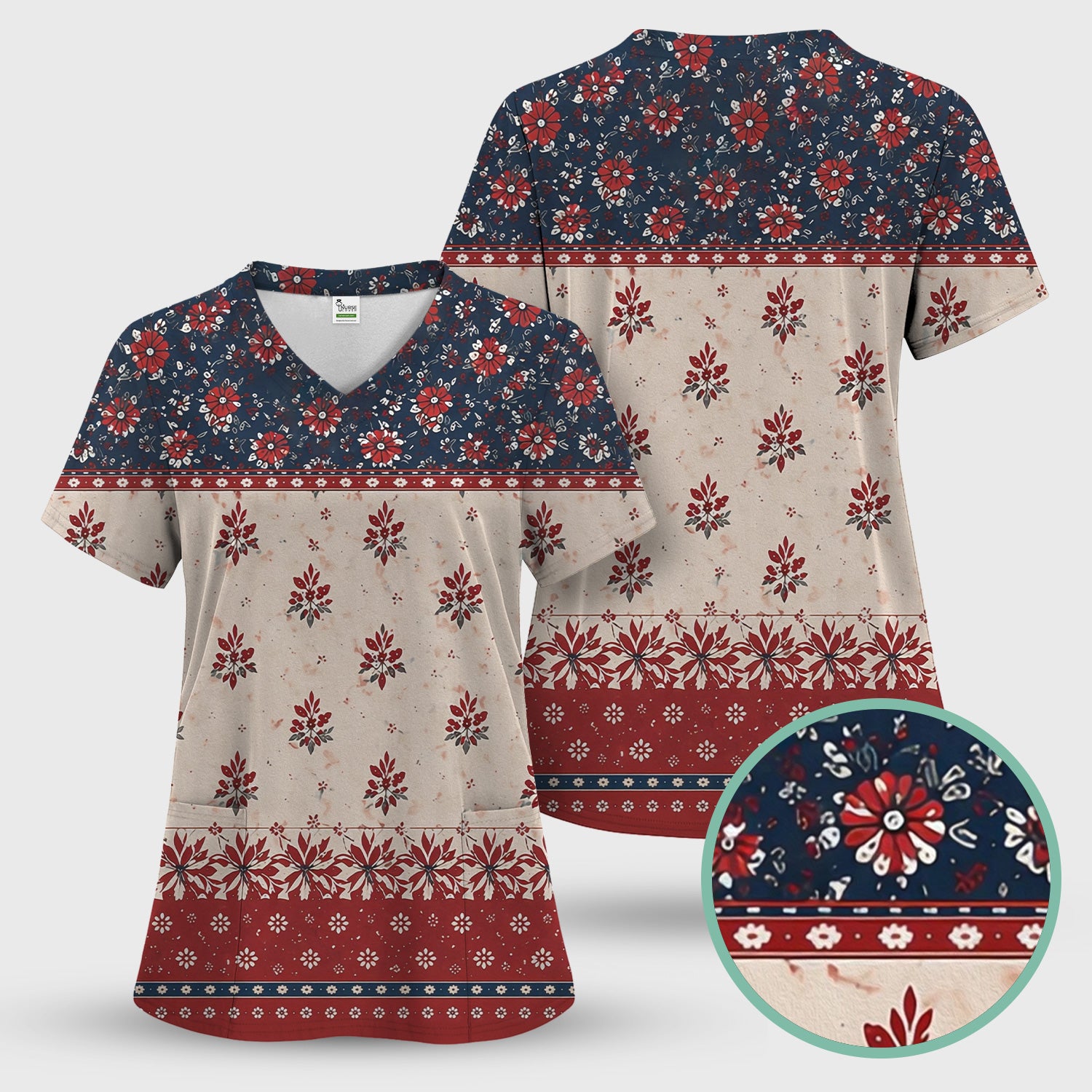 Vintage Floral Border Red Blue Pattern Scrub Set, Scrub Pants and V Neck Top