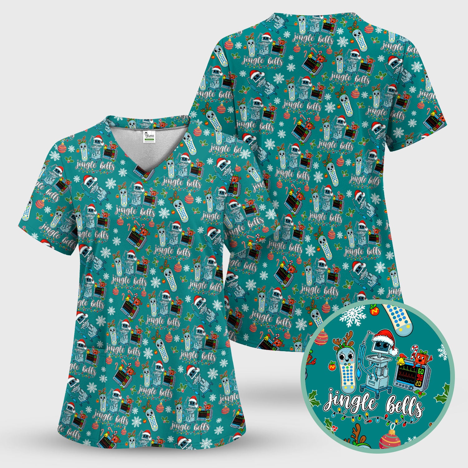 Jingle Bells Christmas Scrub Top - Funny Xmas Scrubs for Nurses - Breathable Fabrics Nursing Uniform for RN CNA LPN