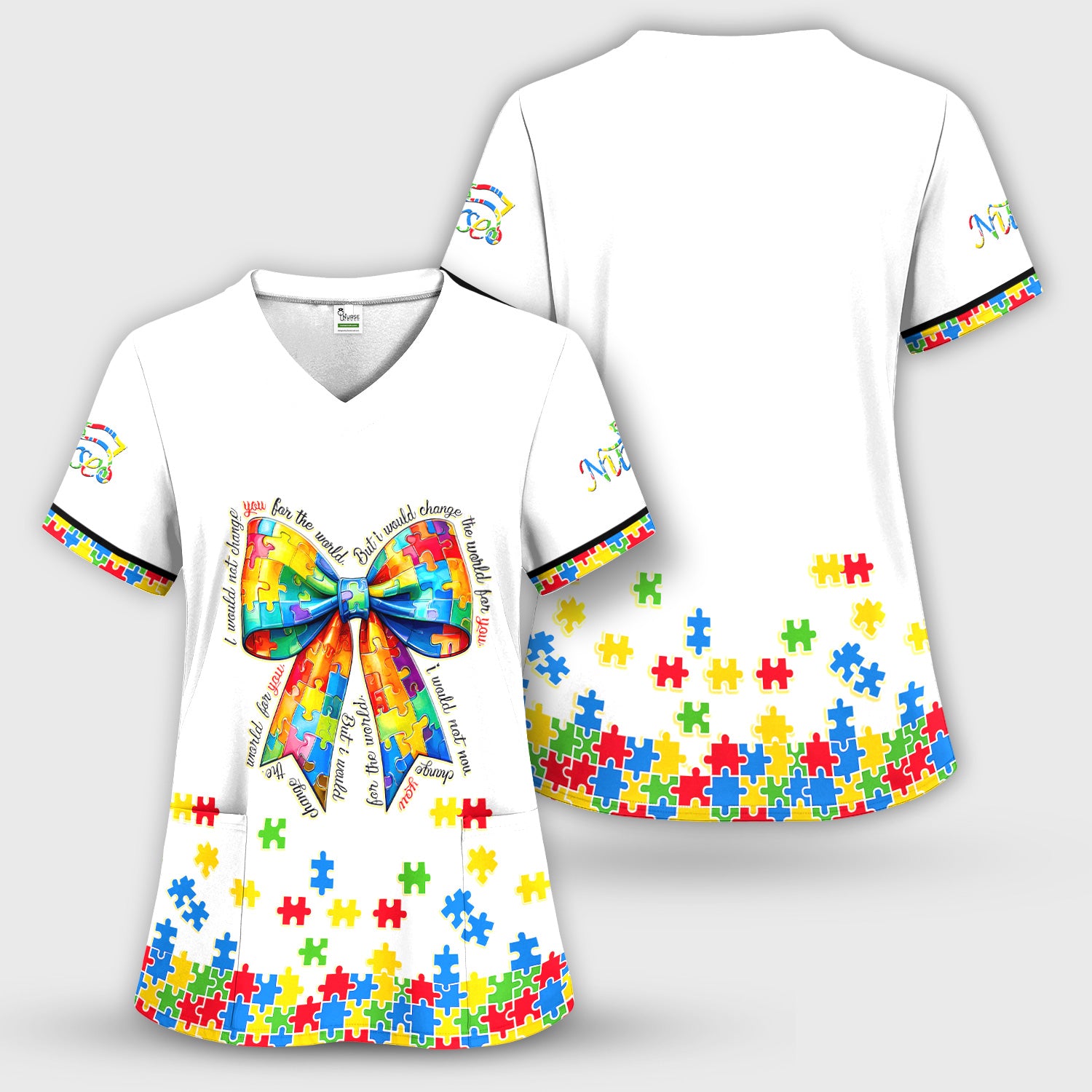 Autism Puzzle Bow Colorful Pieces Print Scrub Set, Breathable Med Uniform