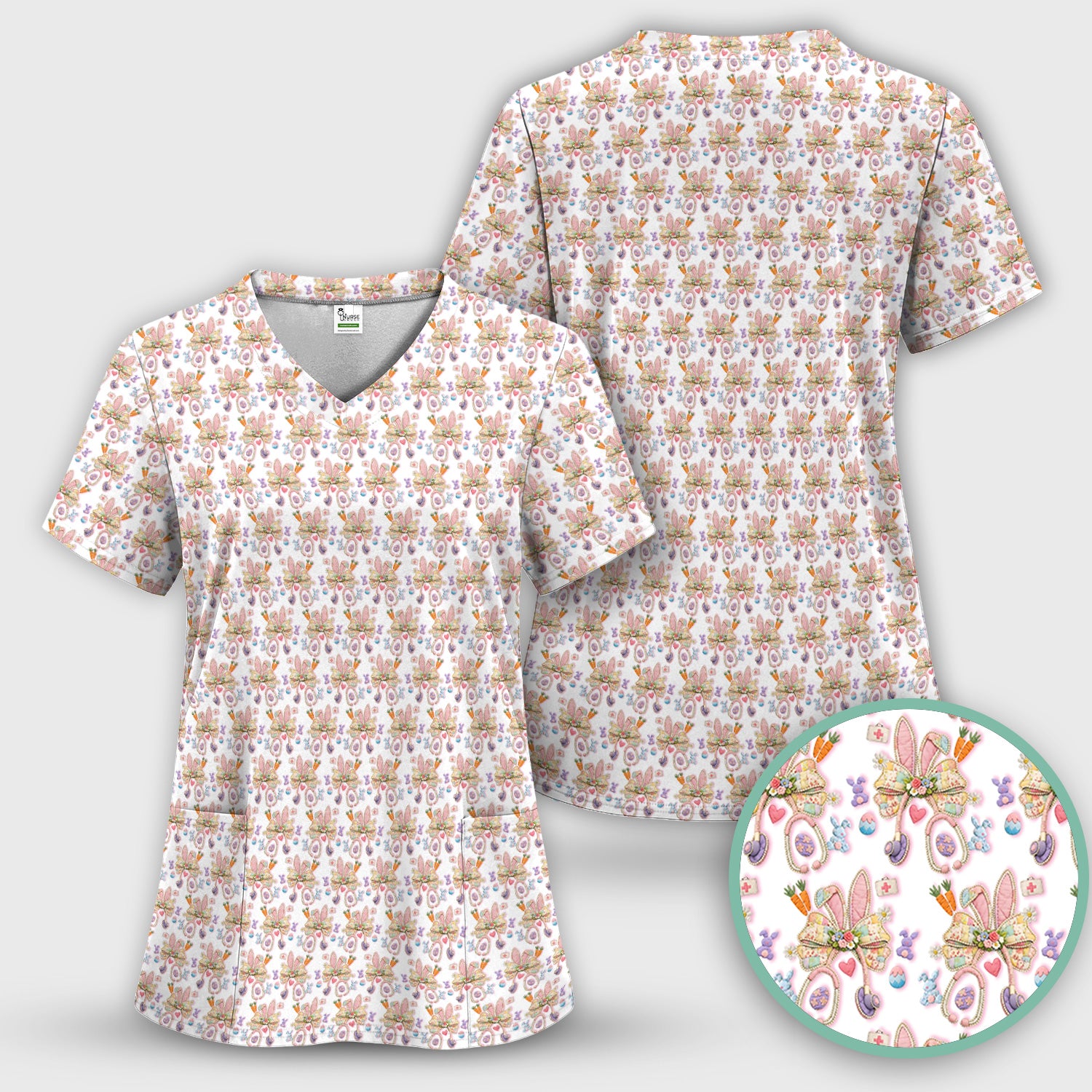 Easter Bunny Stethoscope Pastel Print Scrub Top, Comfortable Scrubs for Nurses
