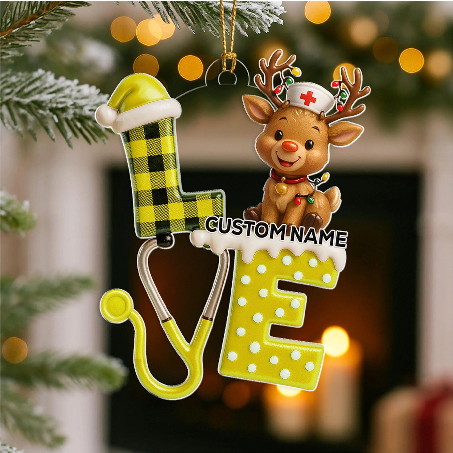 Personalized Nurse Reindeer LOVE Ornament, Custom Name Medical Christmas Tree Decor, Cute RN/LPN Holiday Gift for Healthcare Workers
