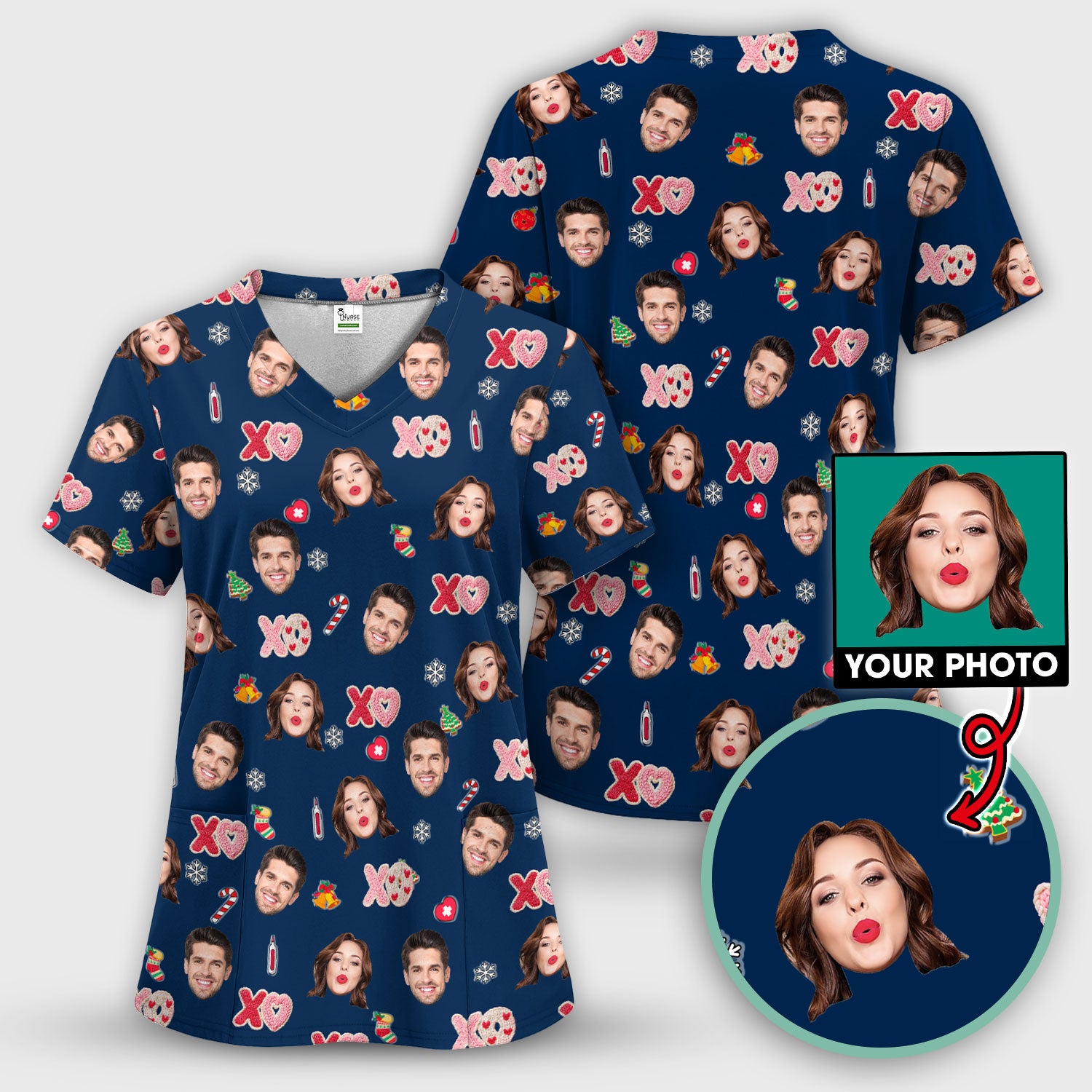Personalized Photo Scrub Top, Custom Face XOXO Scrub Shirt, Breathable Fabrics Nursing Uniform