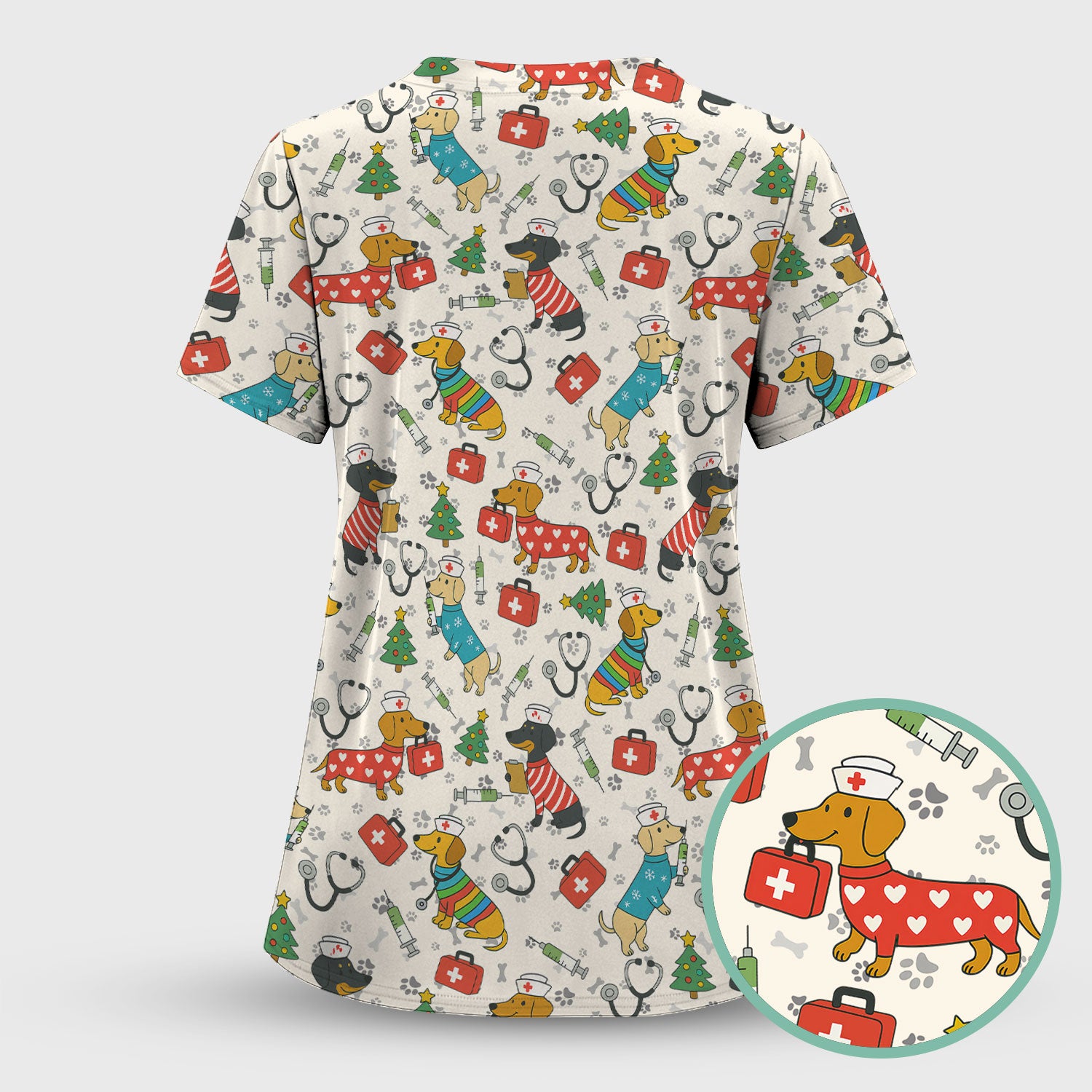 Christmas Dachshund Scrub Top - Funny Dog Nurse Scrubs Multi Color - Holiday Scrub Shirt Gift for Women Men, CNA, RN, Medical Professional