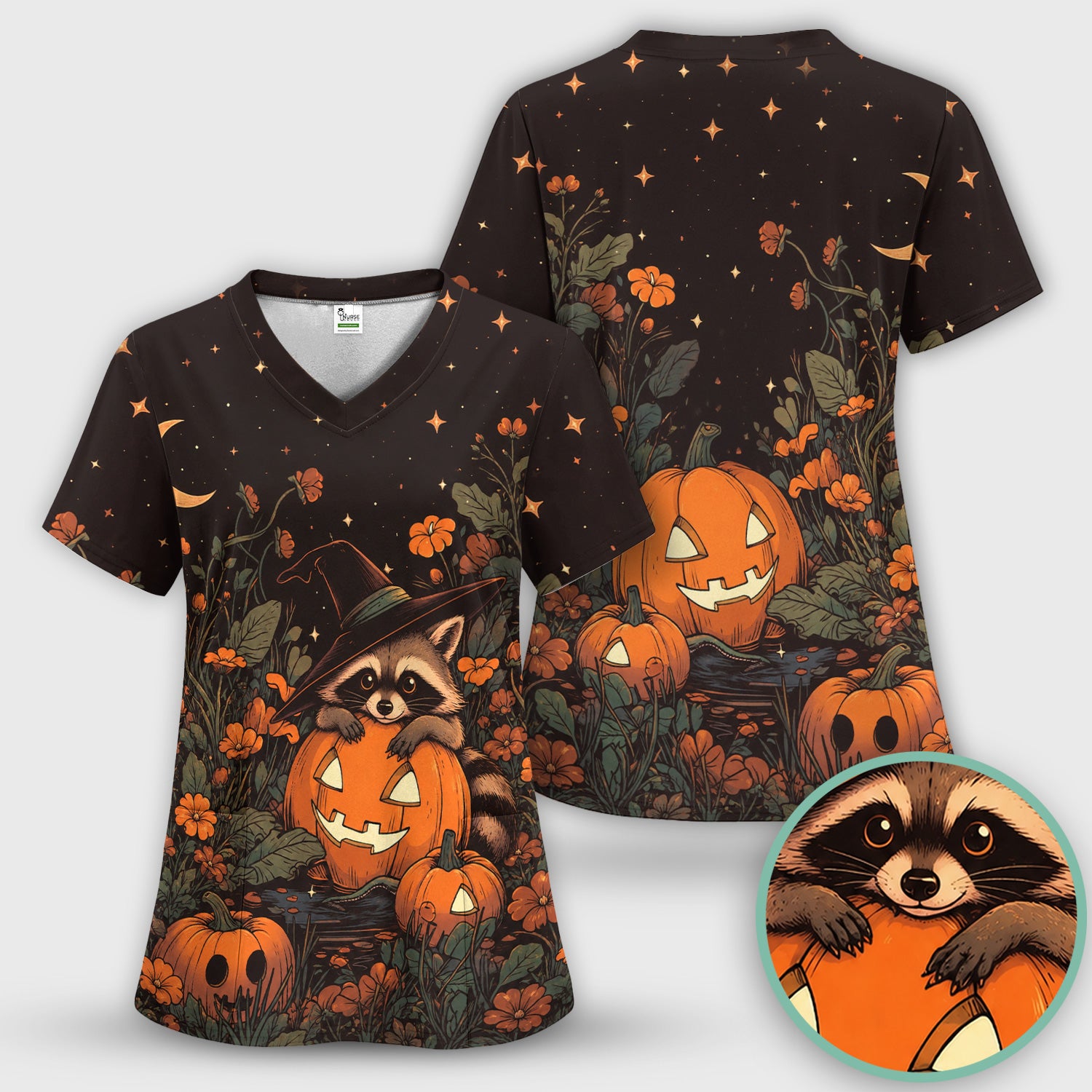 Spooky Halloween Raccoon Print Scrub Top, Comfortable Scrubs for Nurses
