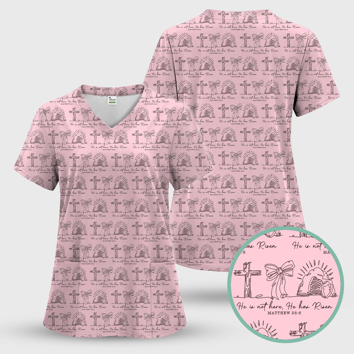 Christian Cross He Is Risen Pattern Scrubs Top, Comfortable Scrubs for Nurses