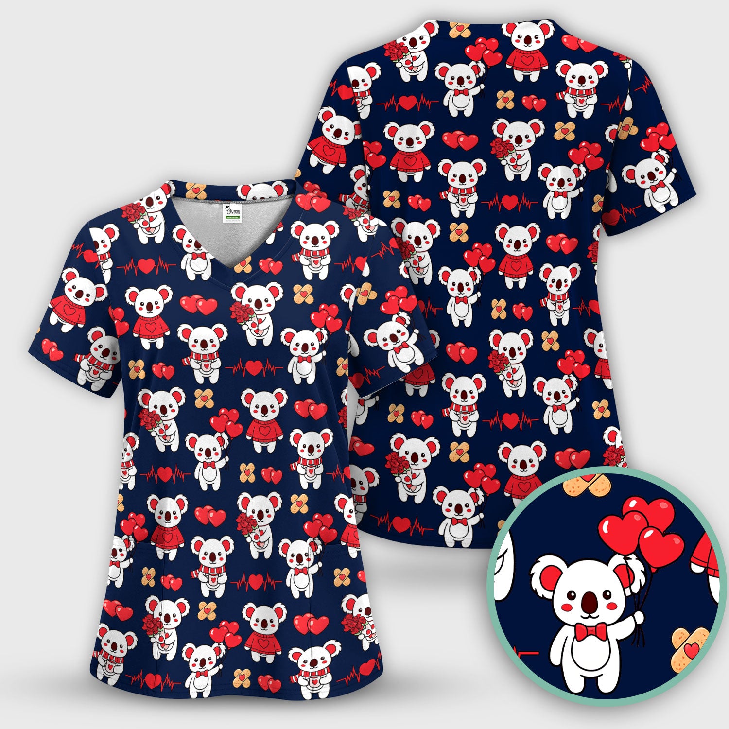 Sweet Koala Valentine Medical Design Scrub Top, Comfortable Scrubs for Nurses