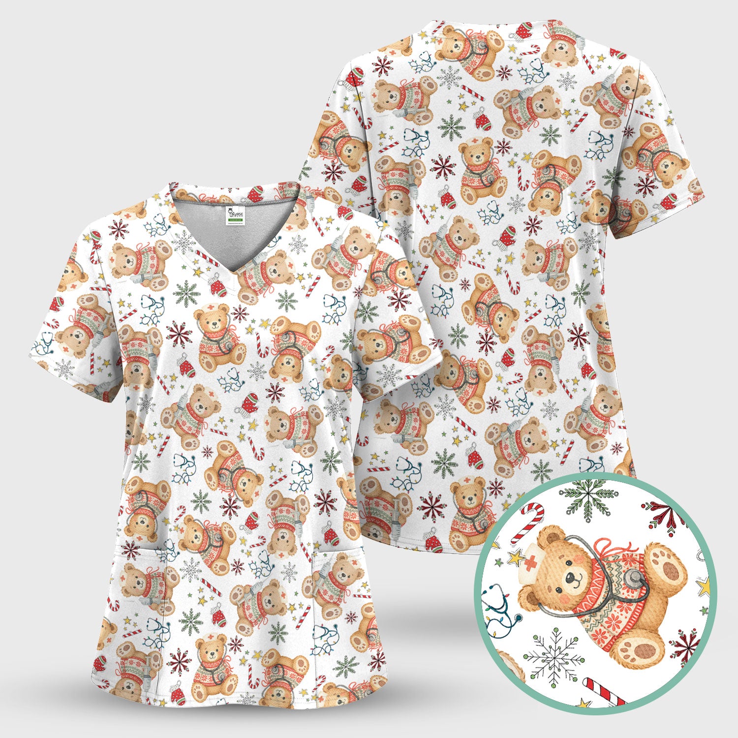 Holiday Teddy Bear Christmas Nurse Scrub - Cute Festive Medical Shirt for Women - Nursing Uniform Gift RN LPN CNA